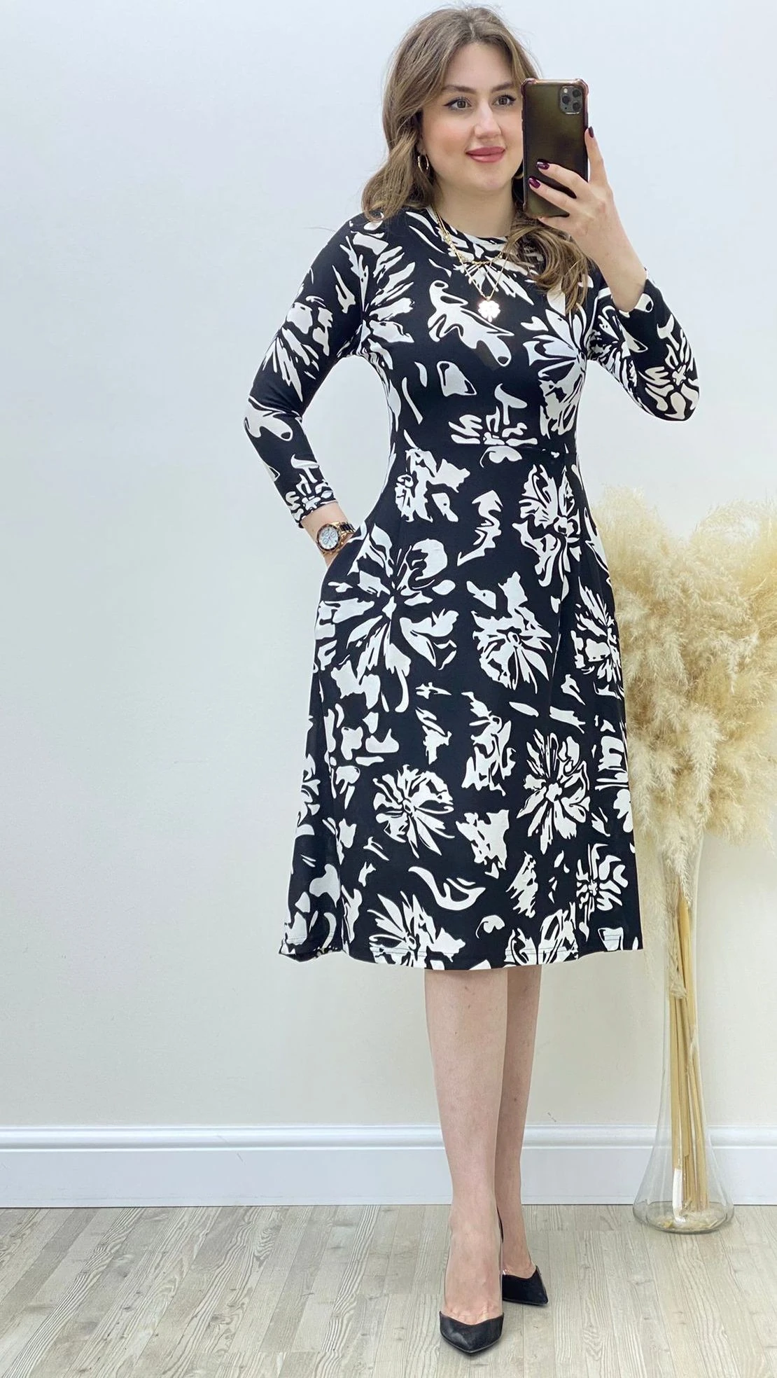 Cepli Desenli Kloş Elbise