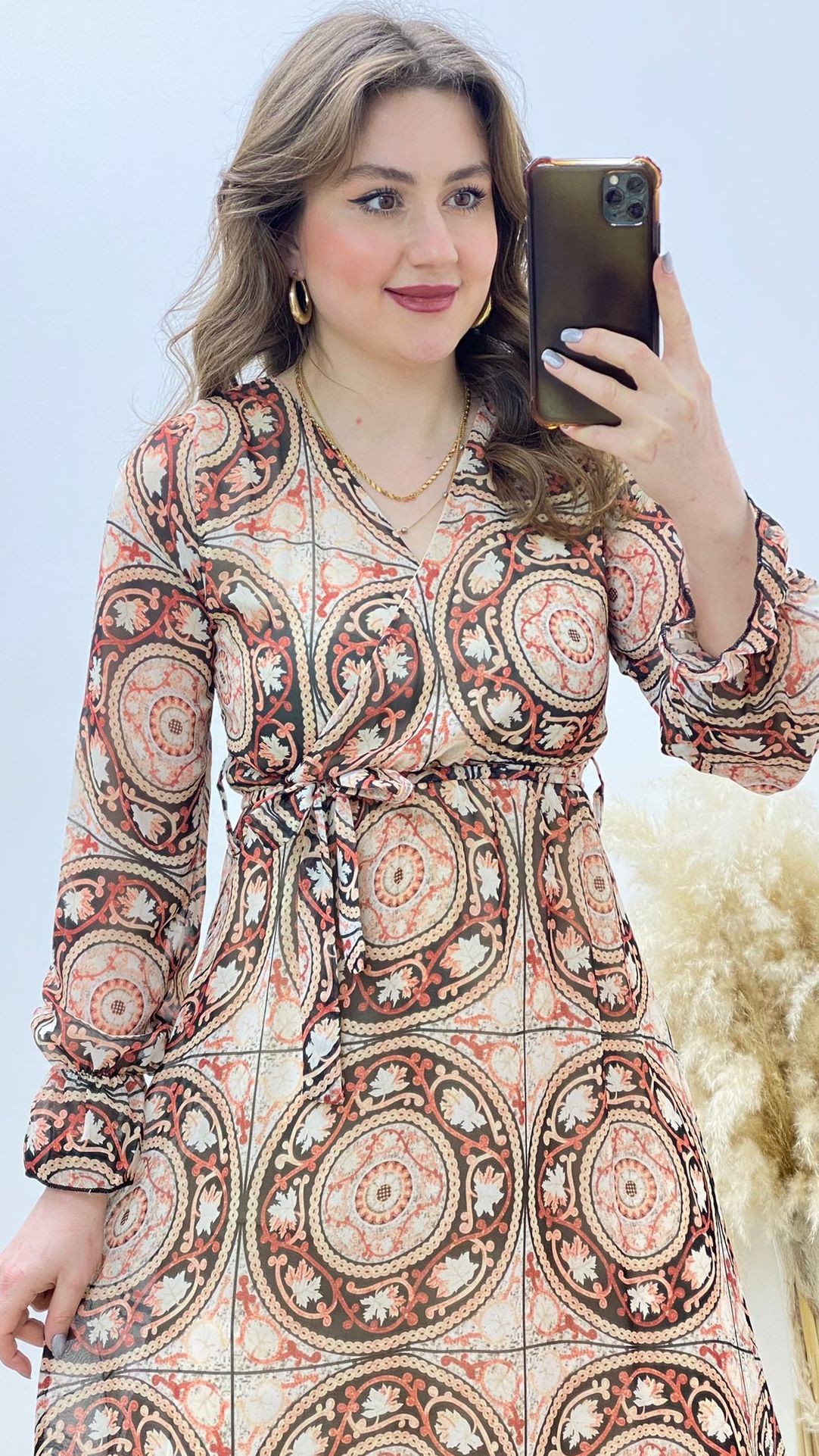 Çember Motifli Şifon Elbise Kiremit