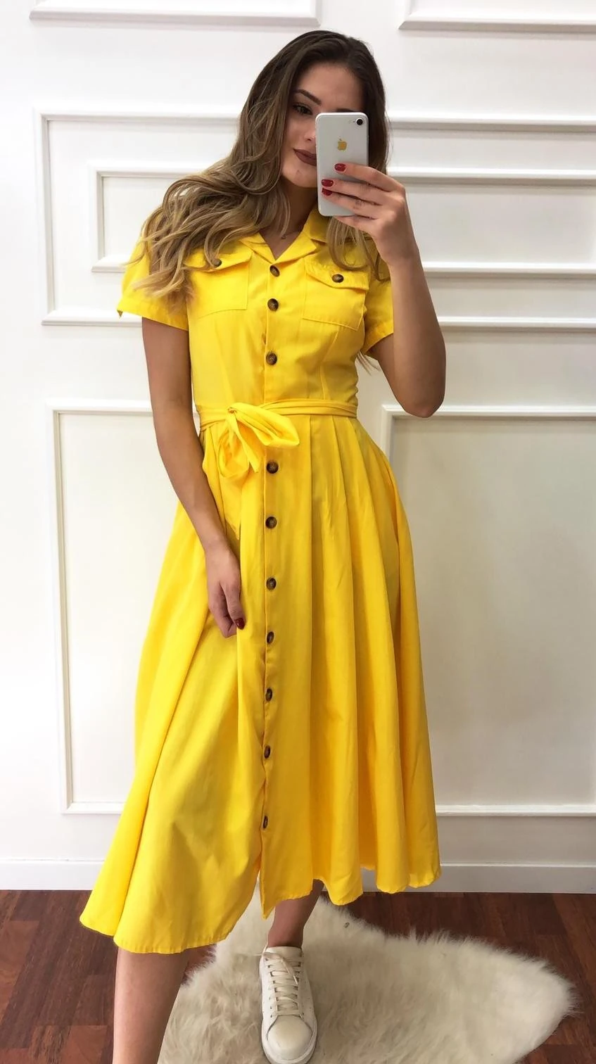 Kısa Kol Piliseli Elbise-Sarı