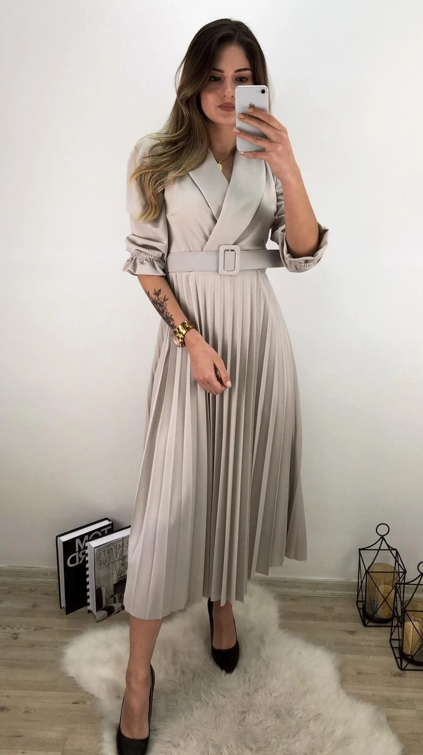 Kruvaze Yaka Piliseli Elbise-Bej