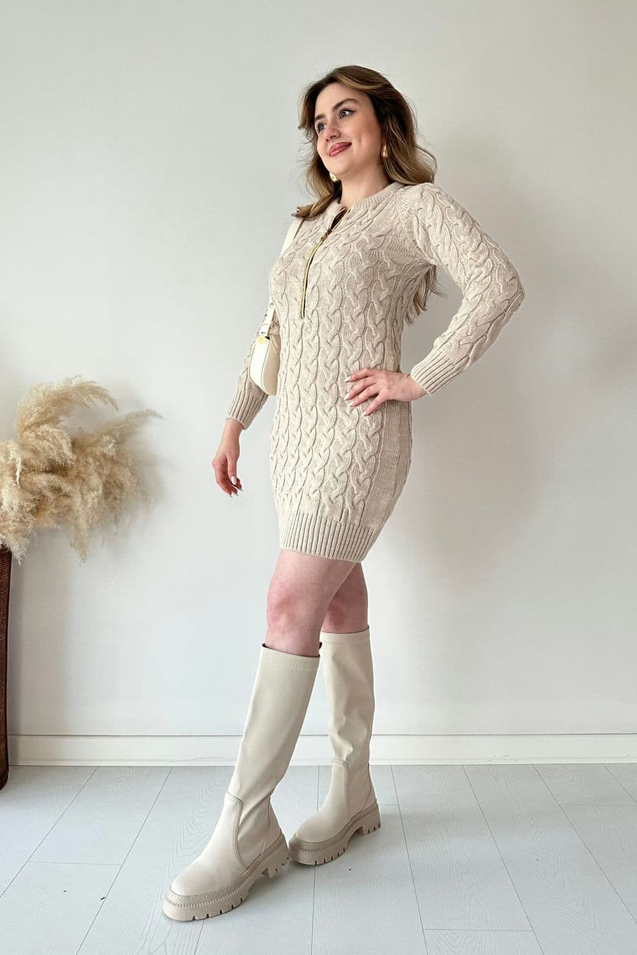 Saç Örgü Fermuar Detaylı Triko Elbise