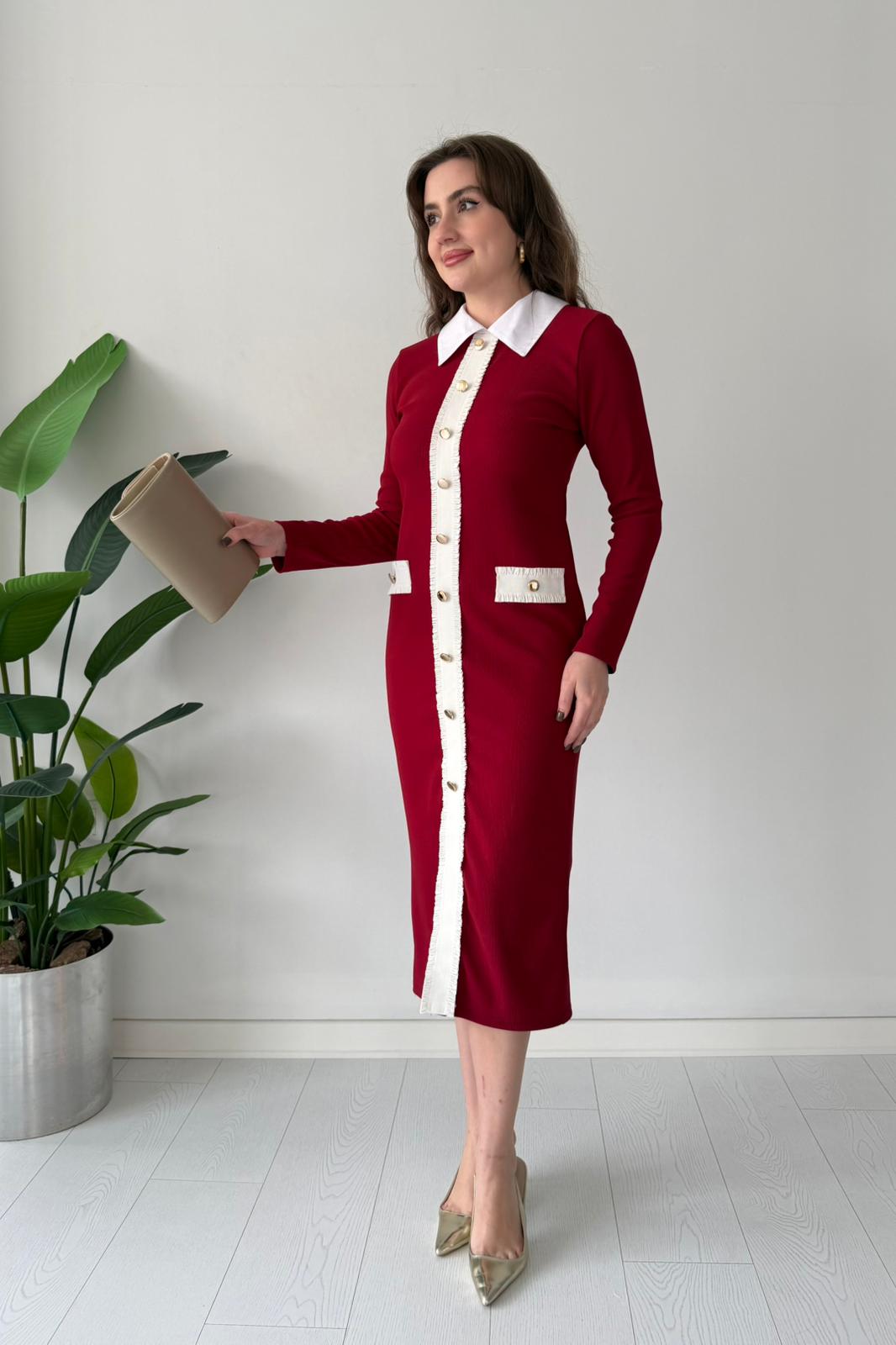 Yaka Detay Esnek Elbise - Bordo