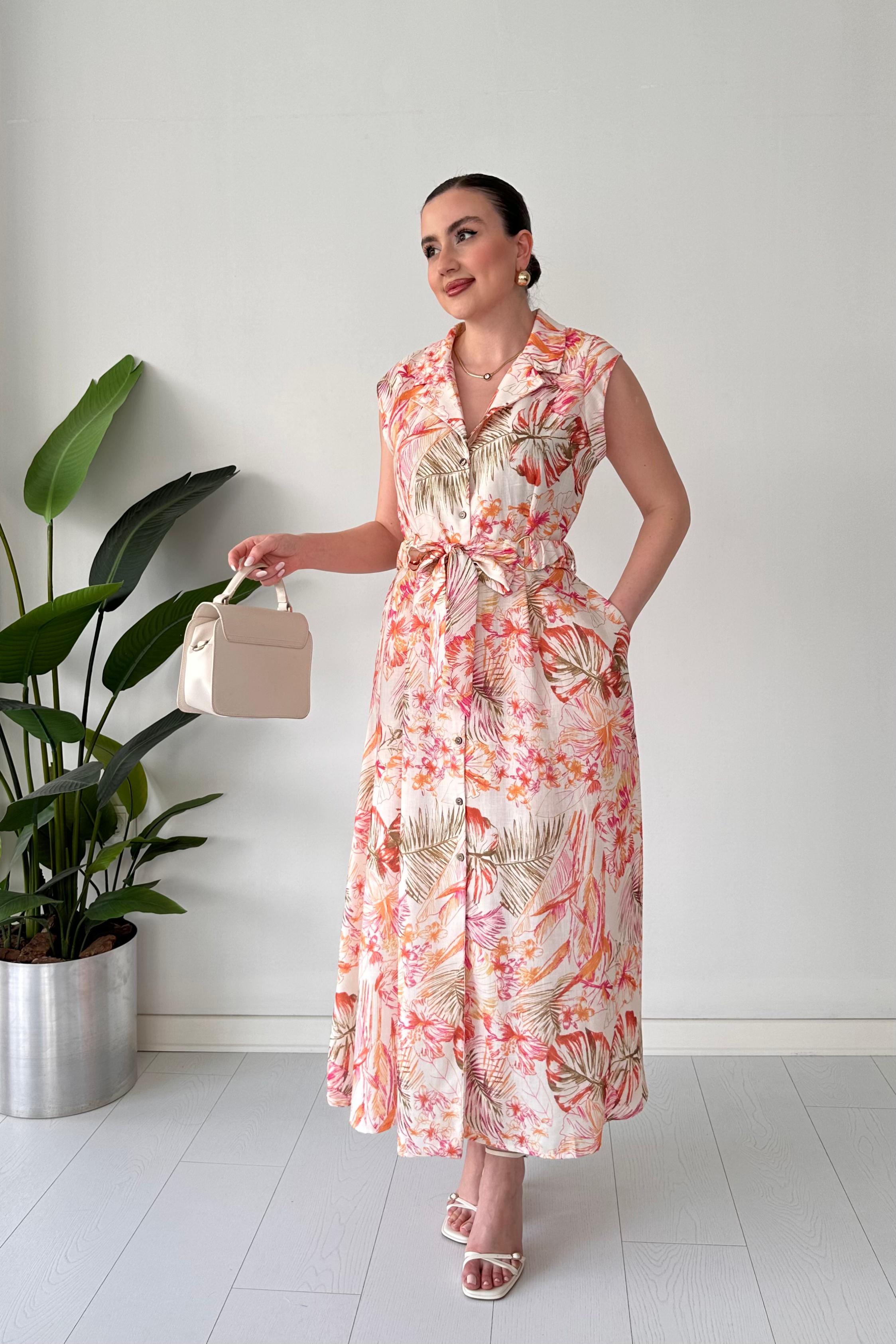 Floral Keten Elbise