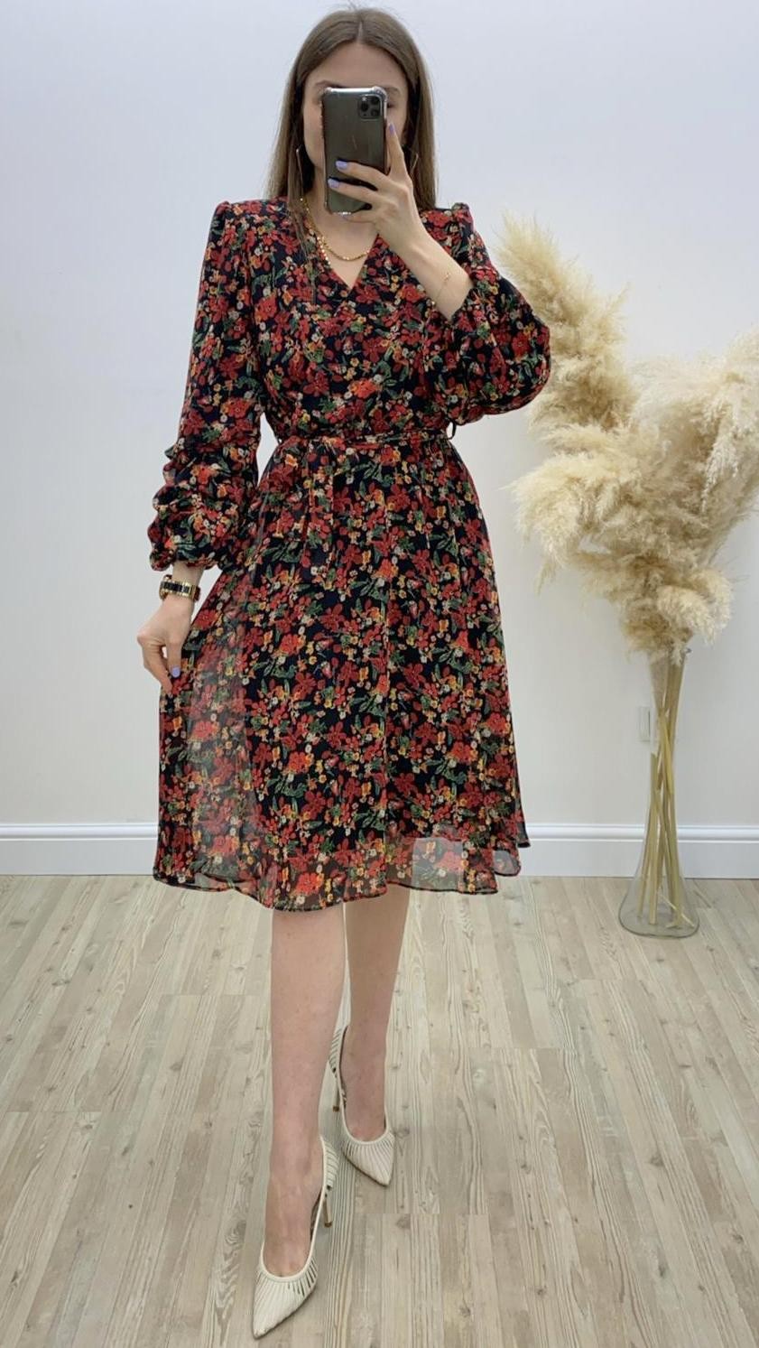 Kolları Büzgülü Çiçek Desenli Midi Boy Şifon Elbise