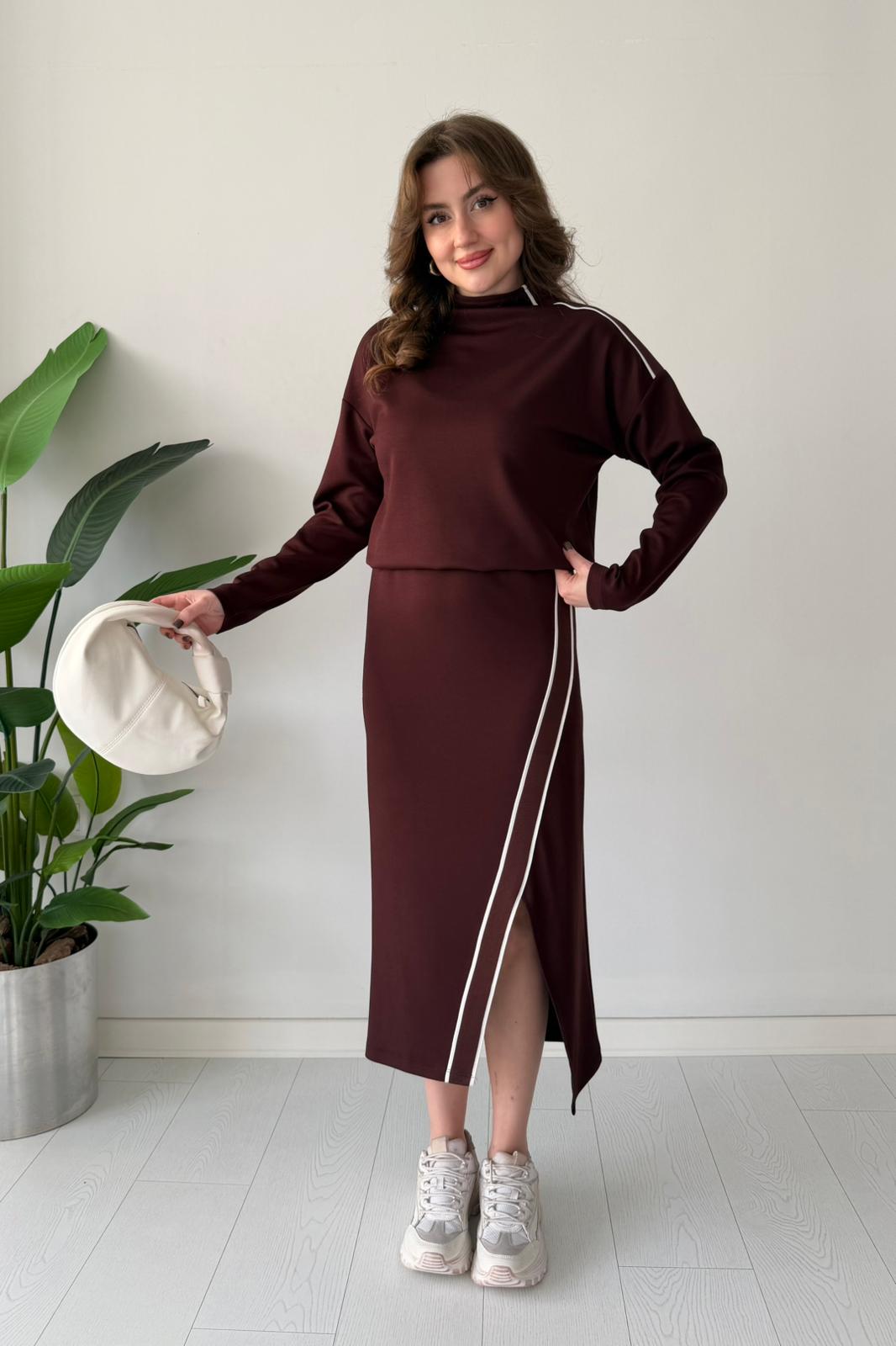 Şeritli Etekli Takım - Kahve