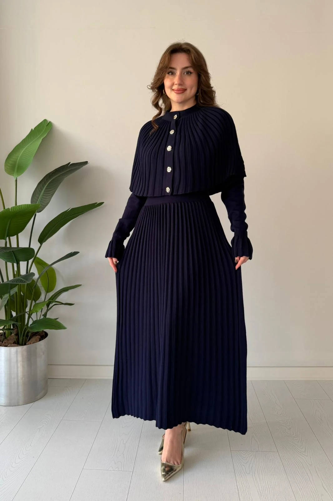 Pelerinli Triko Elbise - Lacivert