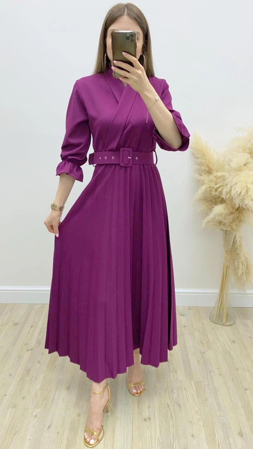 Kapri Kol Piliseli Kemerli Elbise Mürdüm