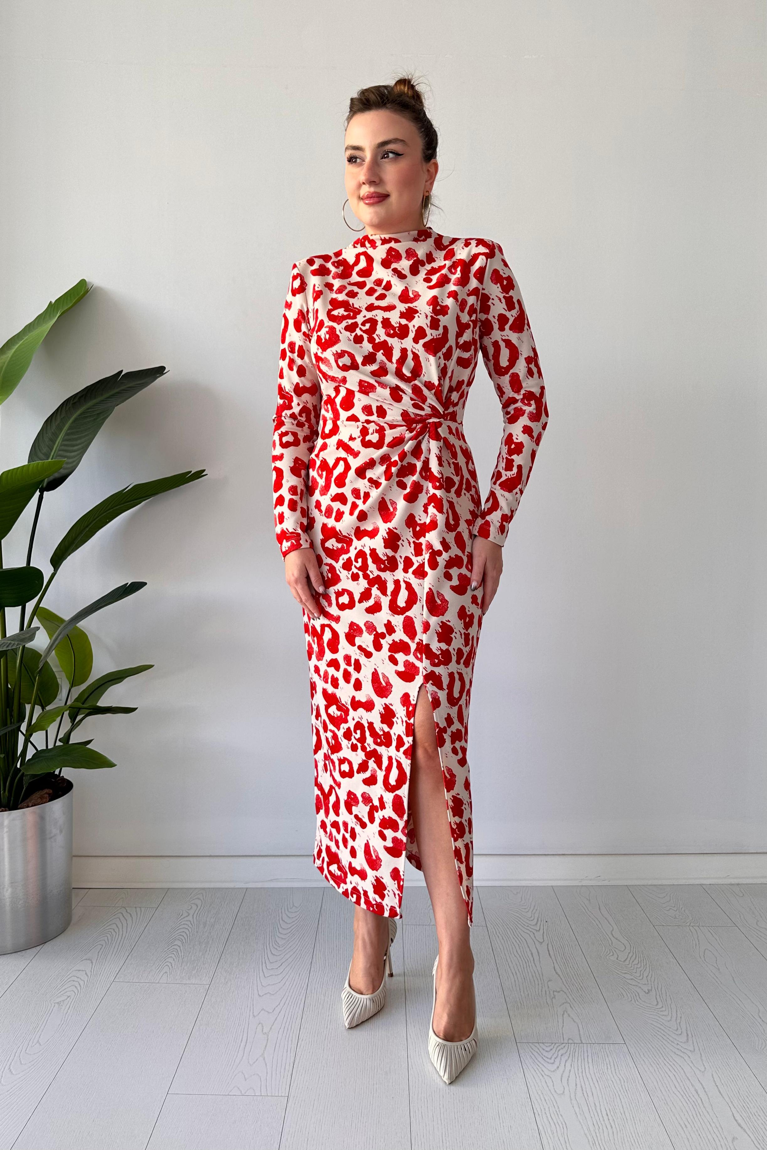 Uzun Kol Leopar Krep Elbise