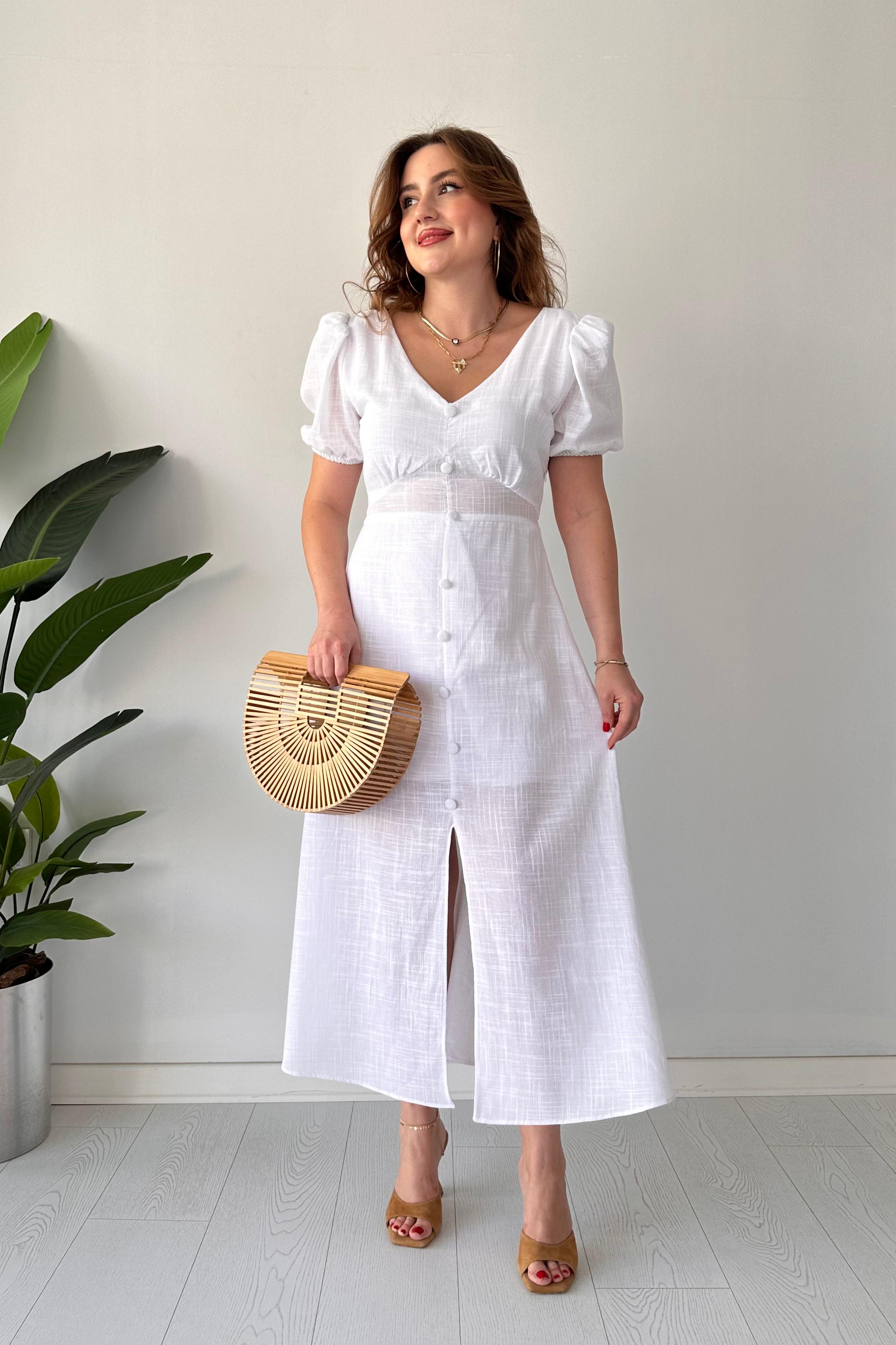 Önden Düğme Keten Elbise