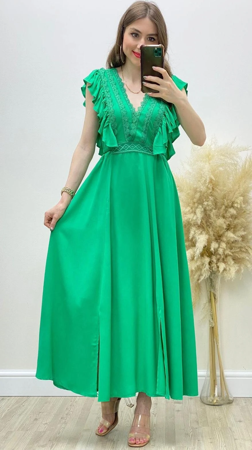 Volanlı Güpür Yaka Viskon Elbise Yeşil