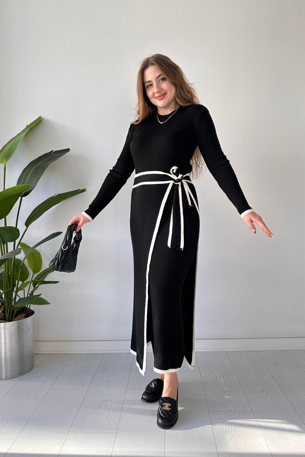 Parça etekli triko elbise - Siyah