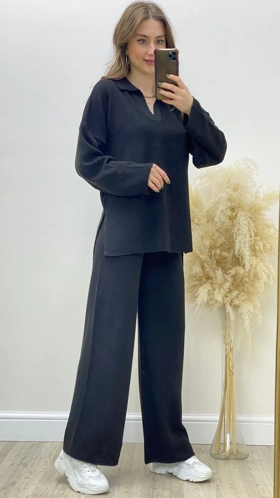 Polo Yaka Triko Takım Siyah