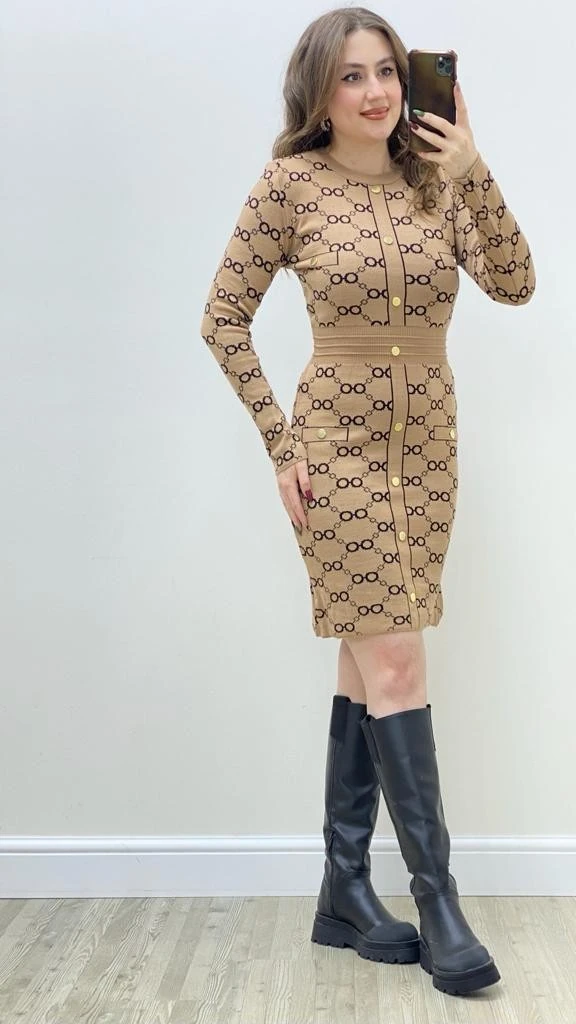 Çift Halka Triko Elbise Bej