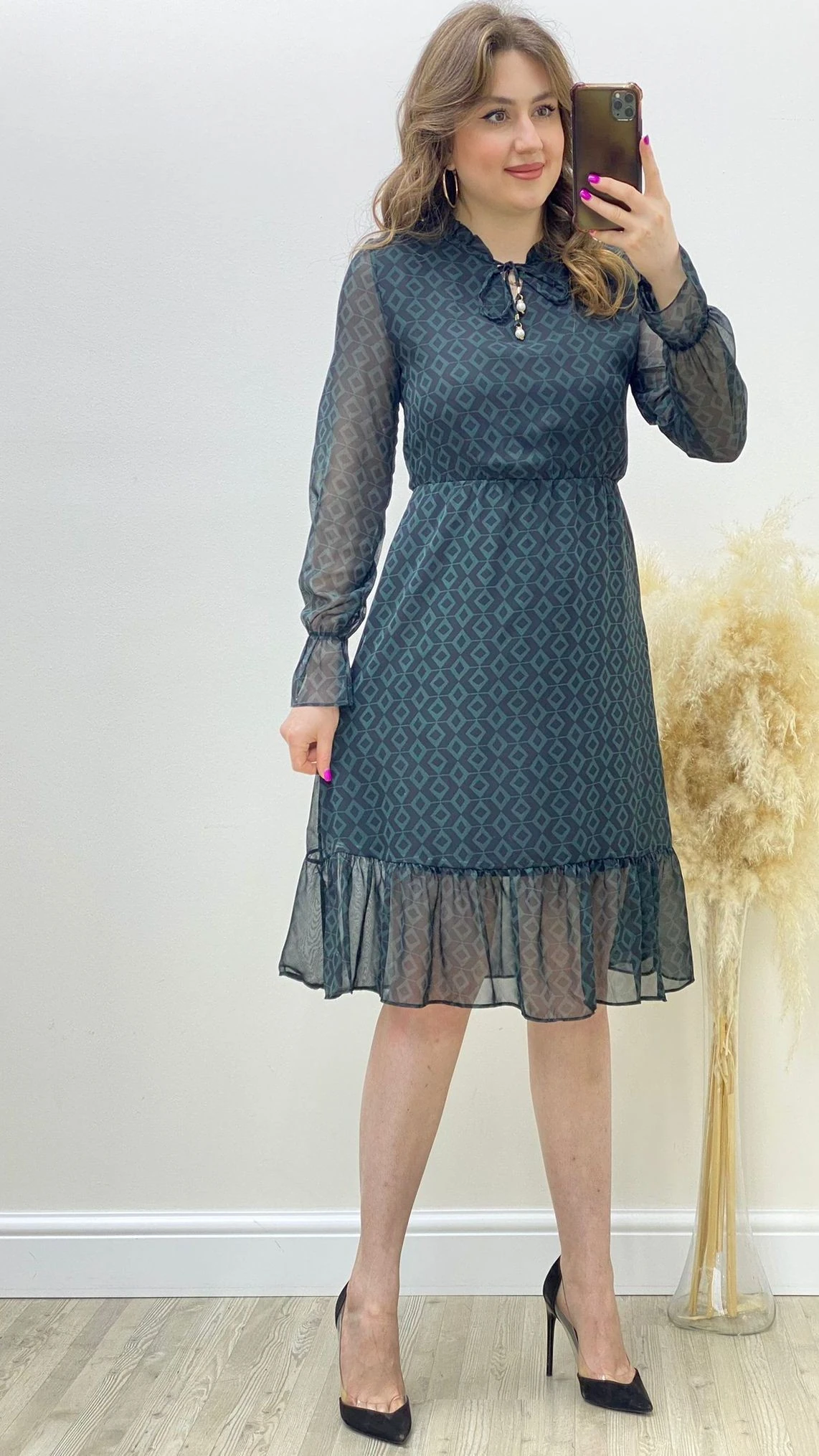 Dörtgen Desen Şifon Elbise Petrol