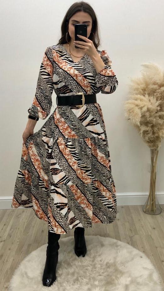 Çapraz Desenli Uzun Kol Elbise