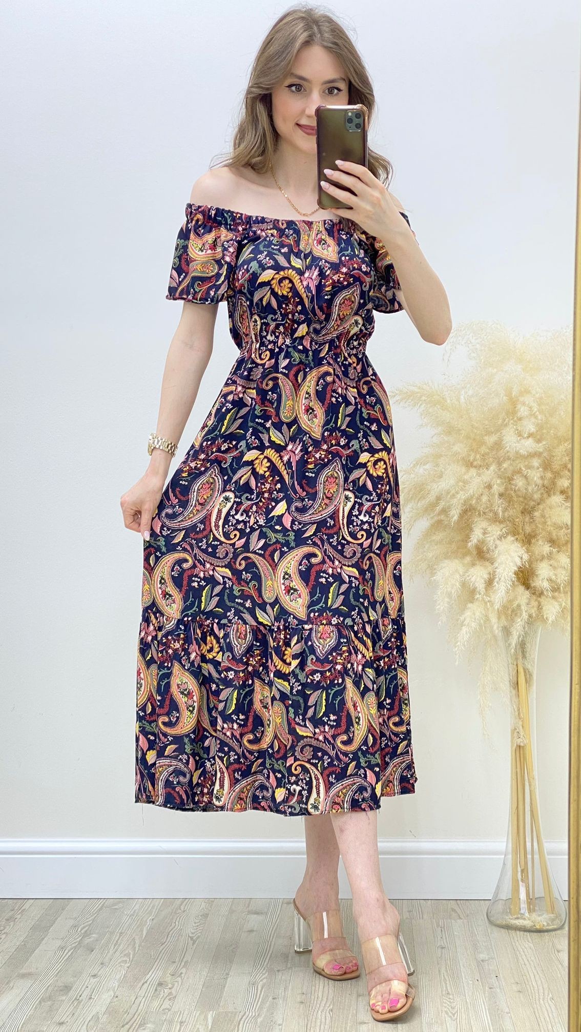 Madonna Şal Desen Viskon Elbise Lacivert