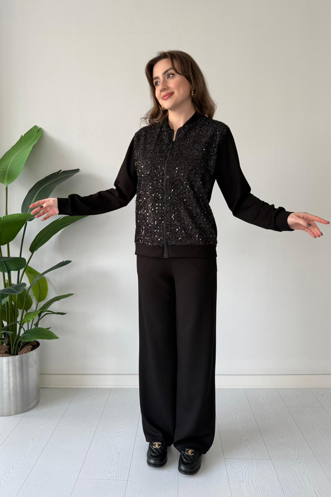 Ceketi Payetli İkili Takım - Siyah