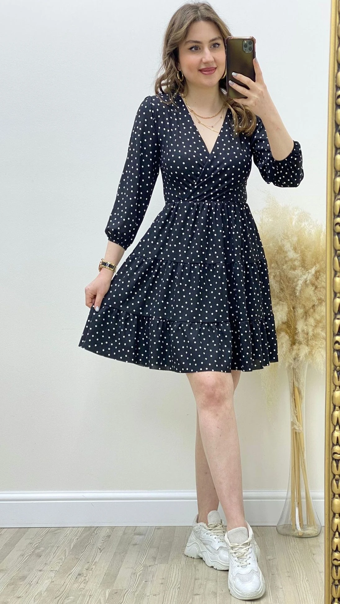 Puantiye Kloş Elbise Siyah