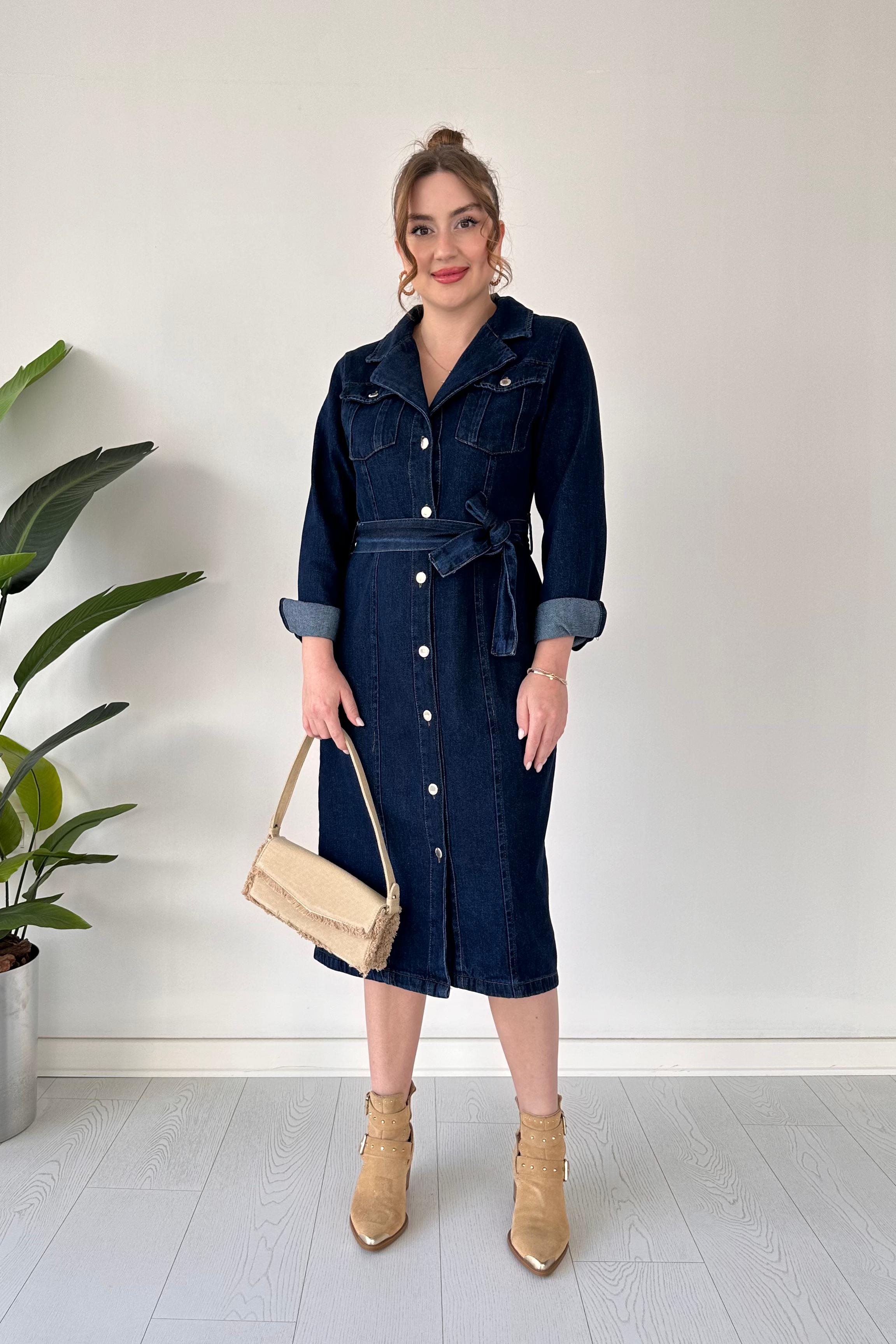 Ceket Yaka Denim Elbise