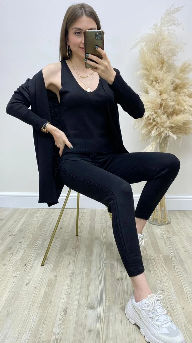 Saç Örgülü Üçlü Triko Takım Siyah