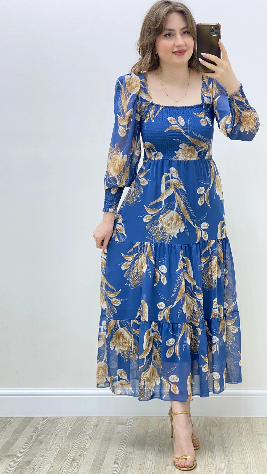 Hanımeli Gipeli Şİfon Elbise Mavi