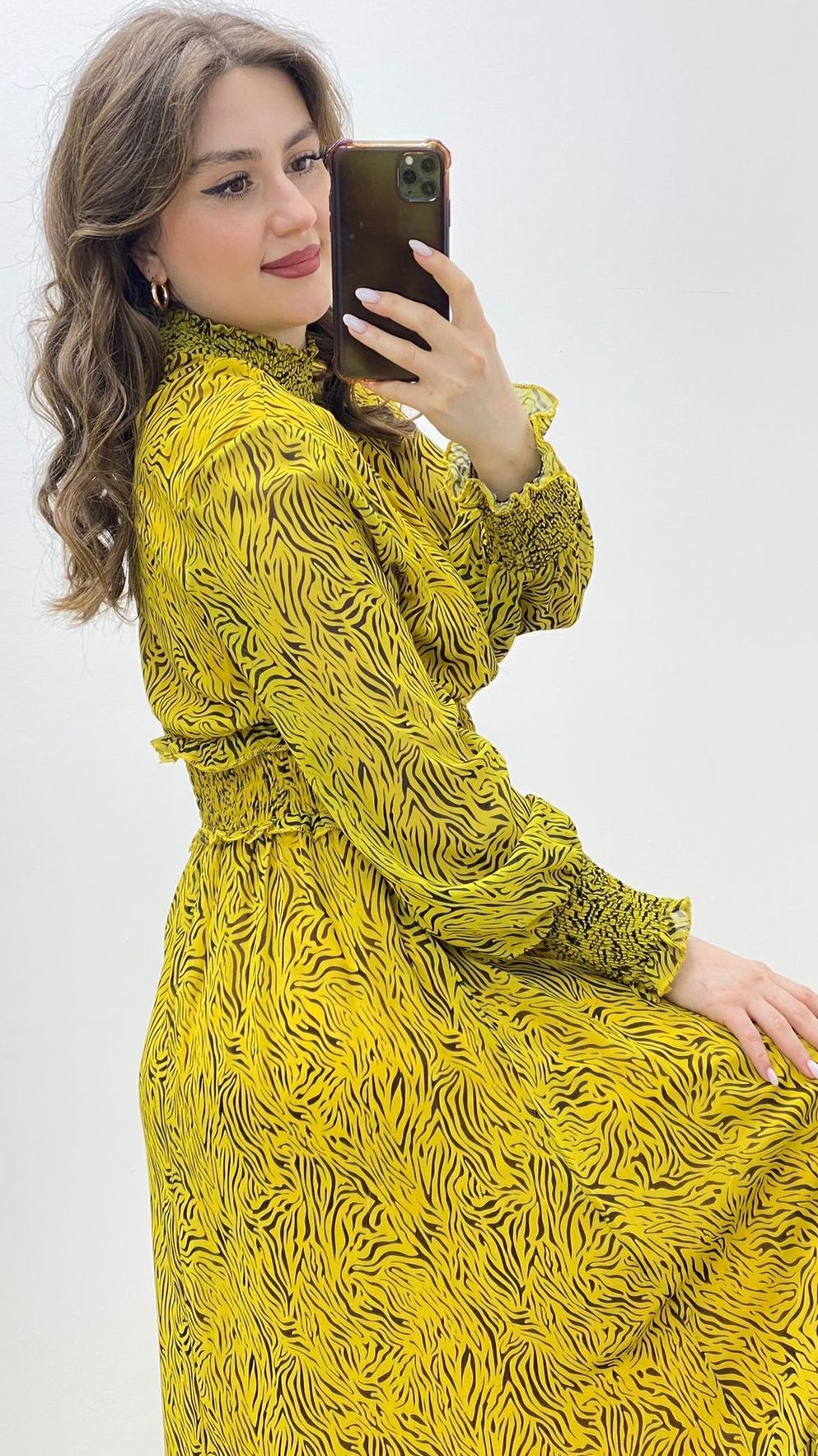 Gipeli Zebra Şifon Elbise Sarı