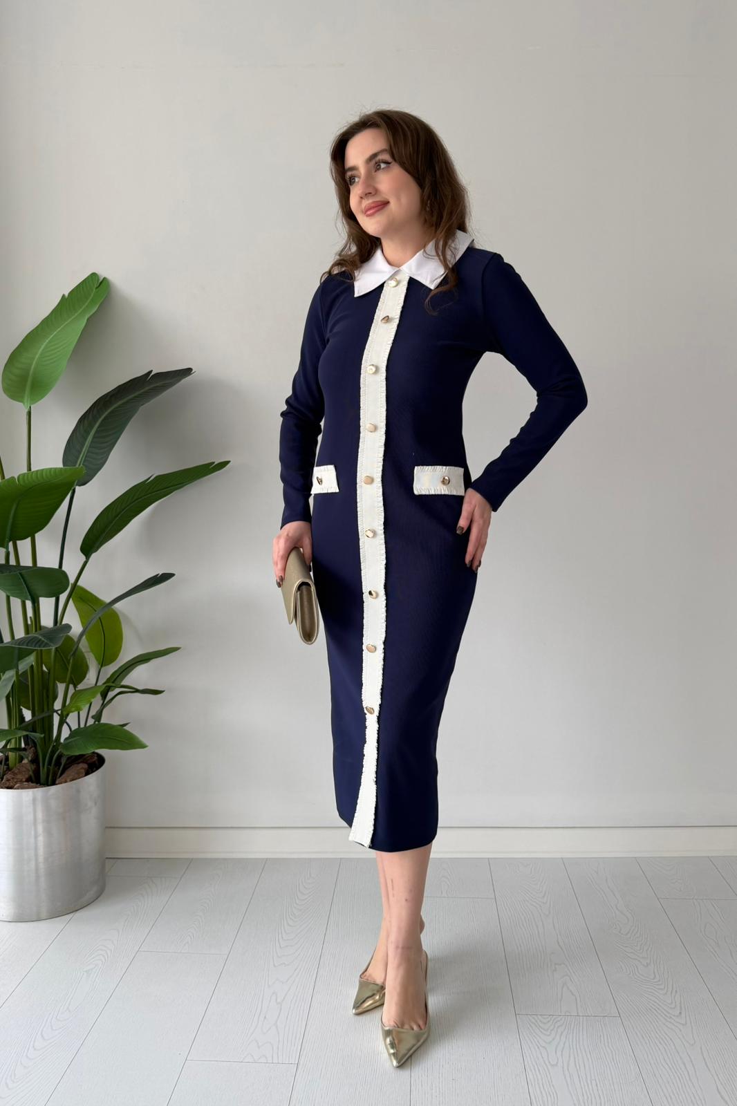 Yaka Detay Esnek Elbise - Lacivert