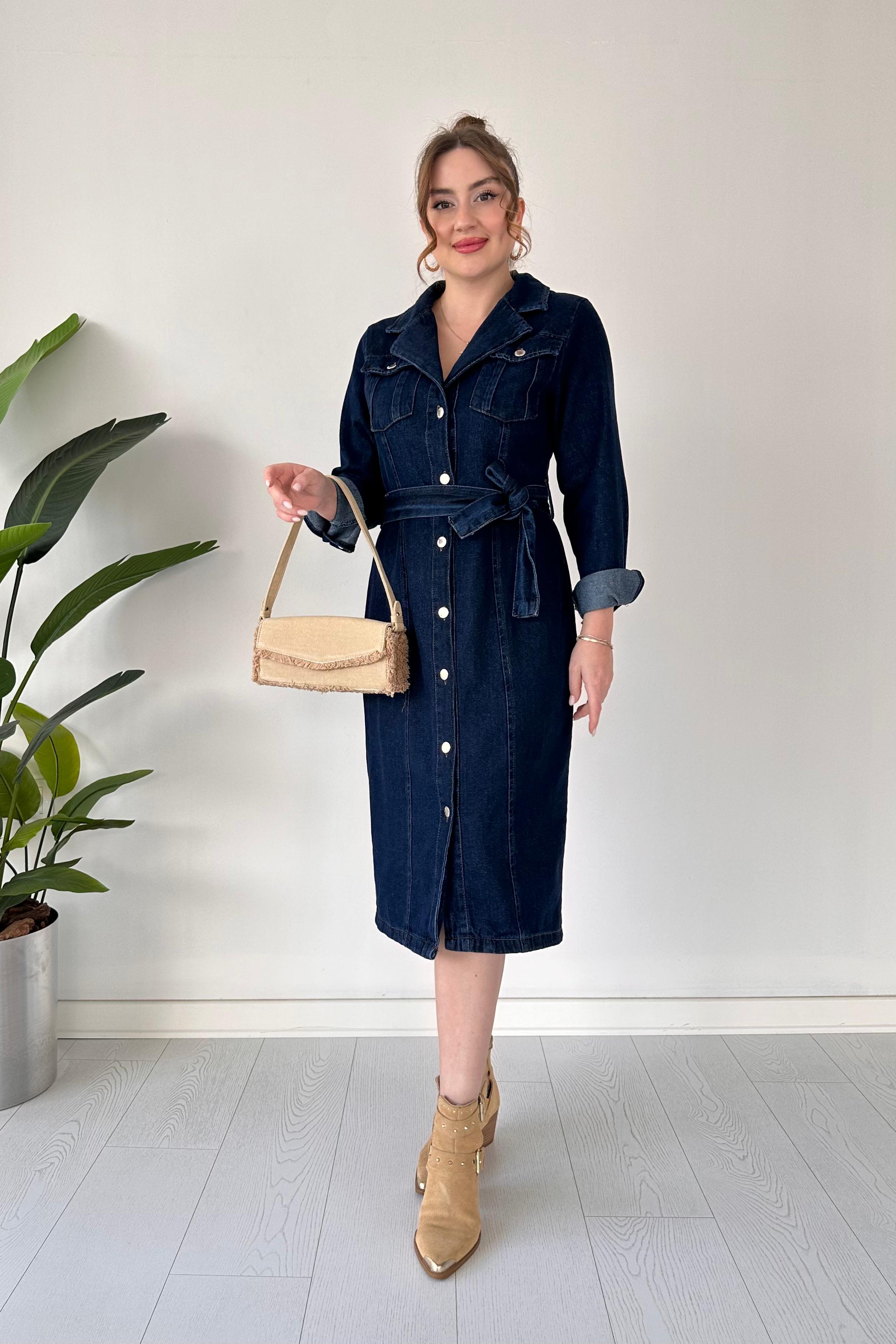 Ceket Yaka Denim Elbise