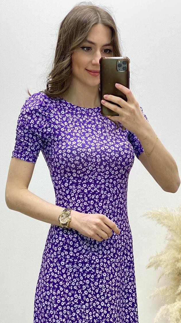 Beyaz Çiçekli Yırtmaçlı Pamuk Elbise Mor