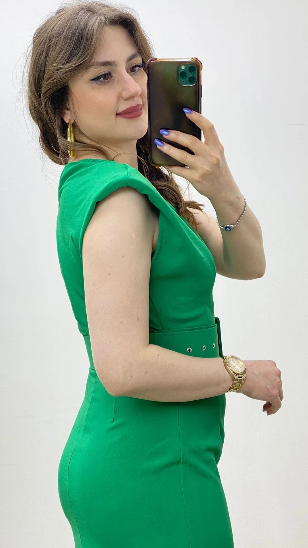 Vatkalı Kalem Elbise Yeşil