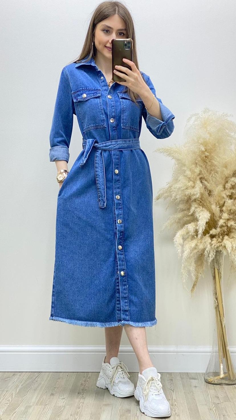 Çıtçıtlı Jean Elbise Mavi