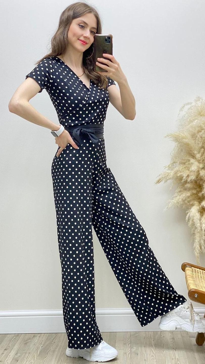 Kuşaklı Puantiye Tulum Siyah