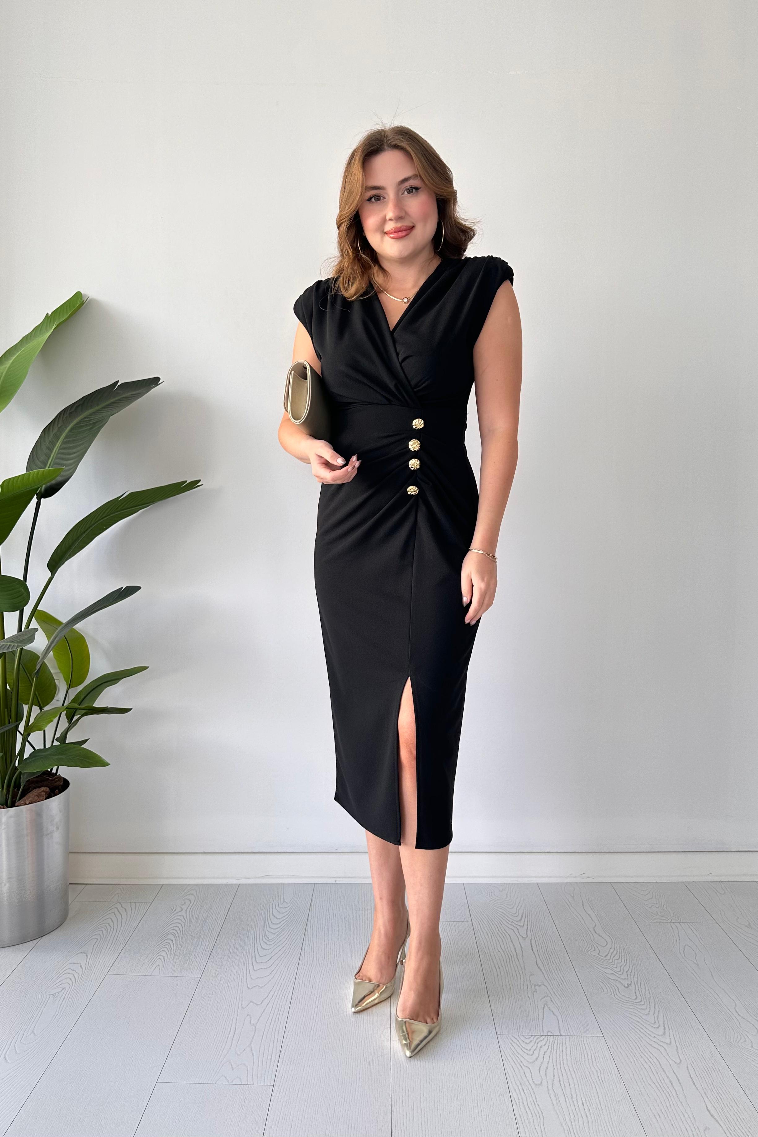 4 Düğmeli Krep Elbise