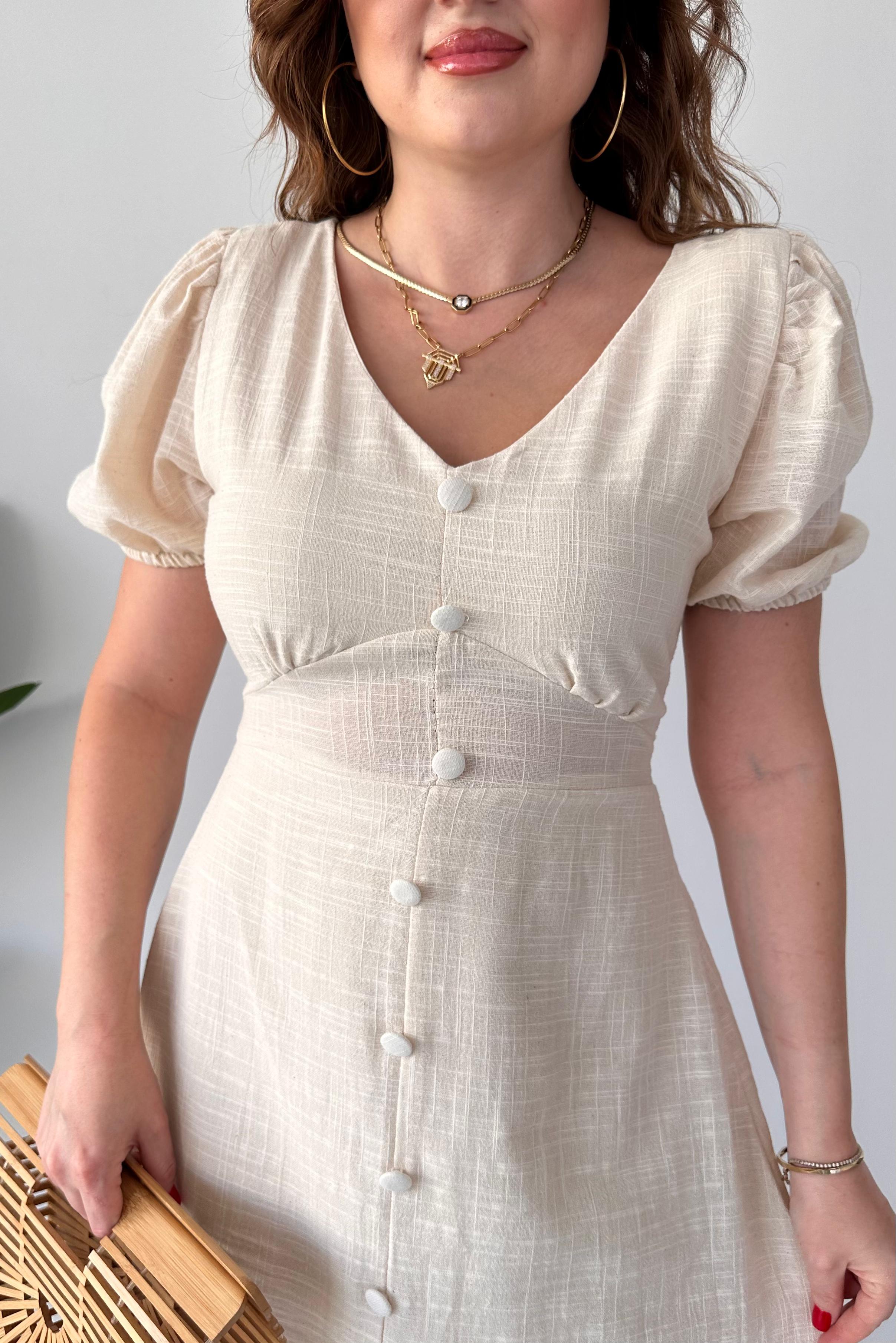 Önden Düğme Keten Elbise