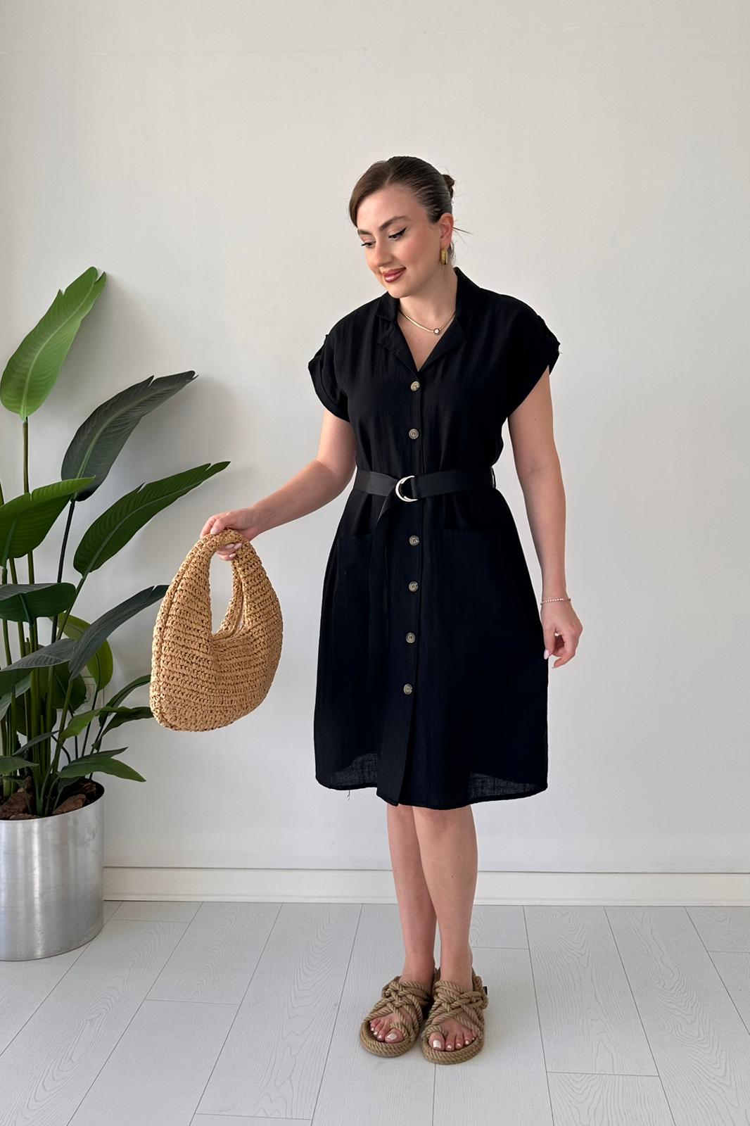 Siyah Kemerli Gömlek Elbise - Siyah