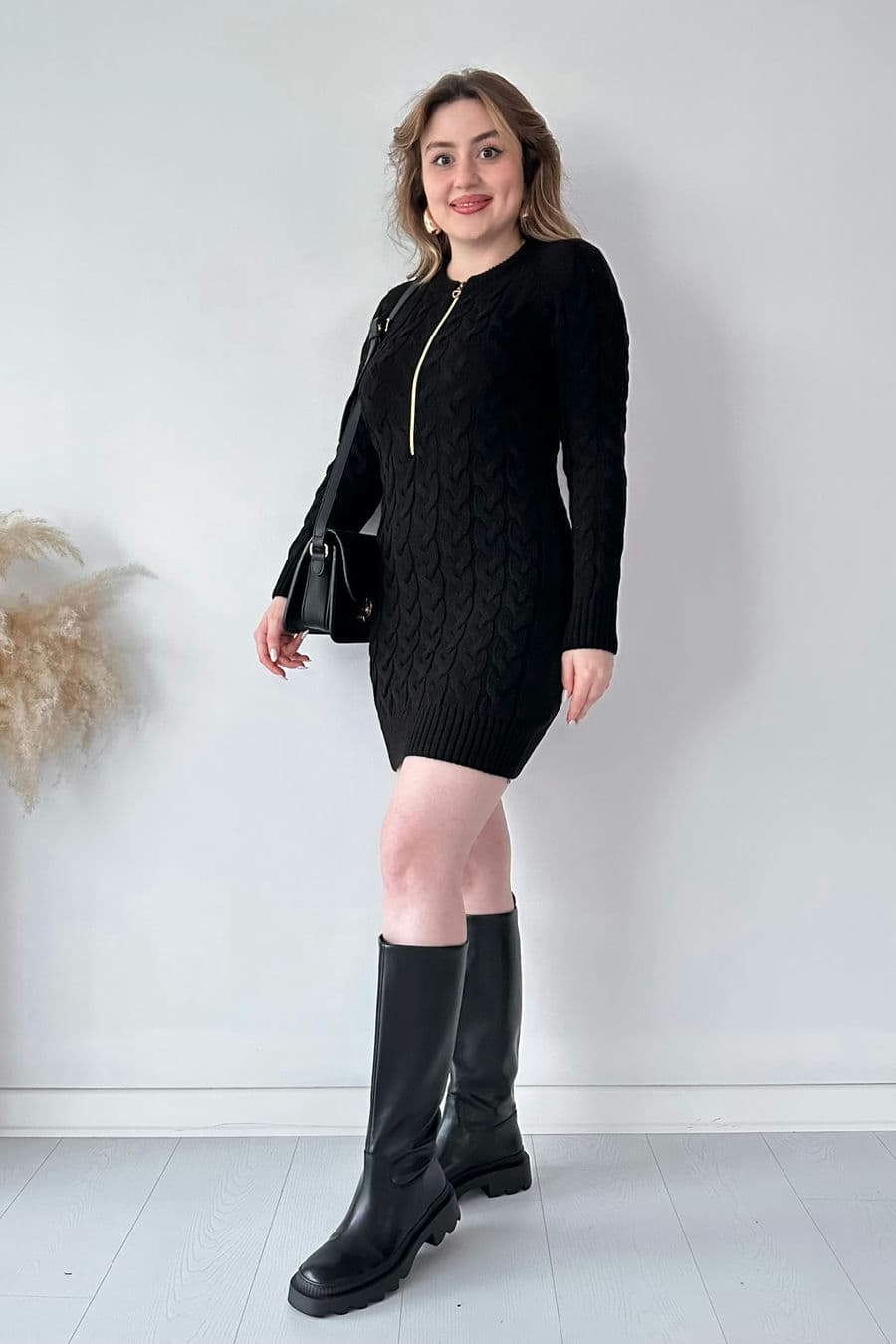 Saç Örgü Fermuar Detaylı Triko Elbise