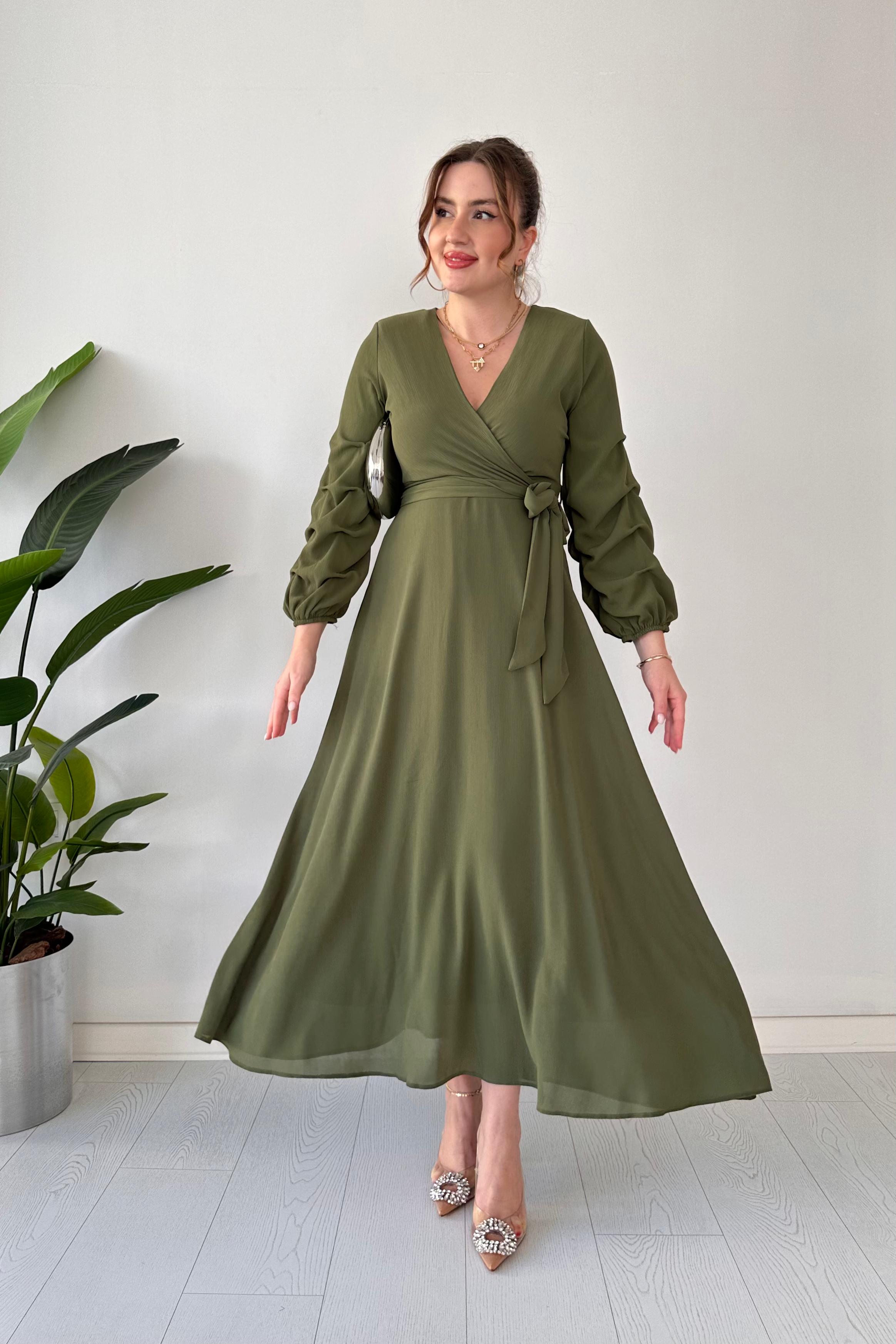 Maksi Boy Şifon Elbise Haki