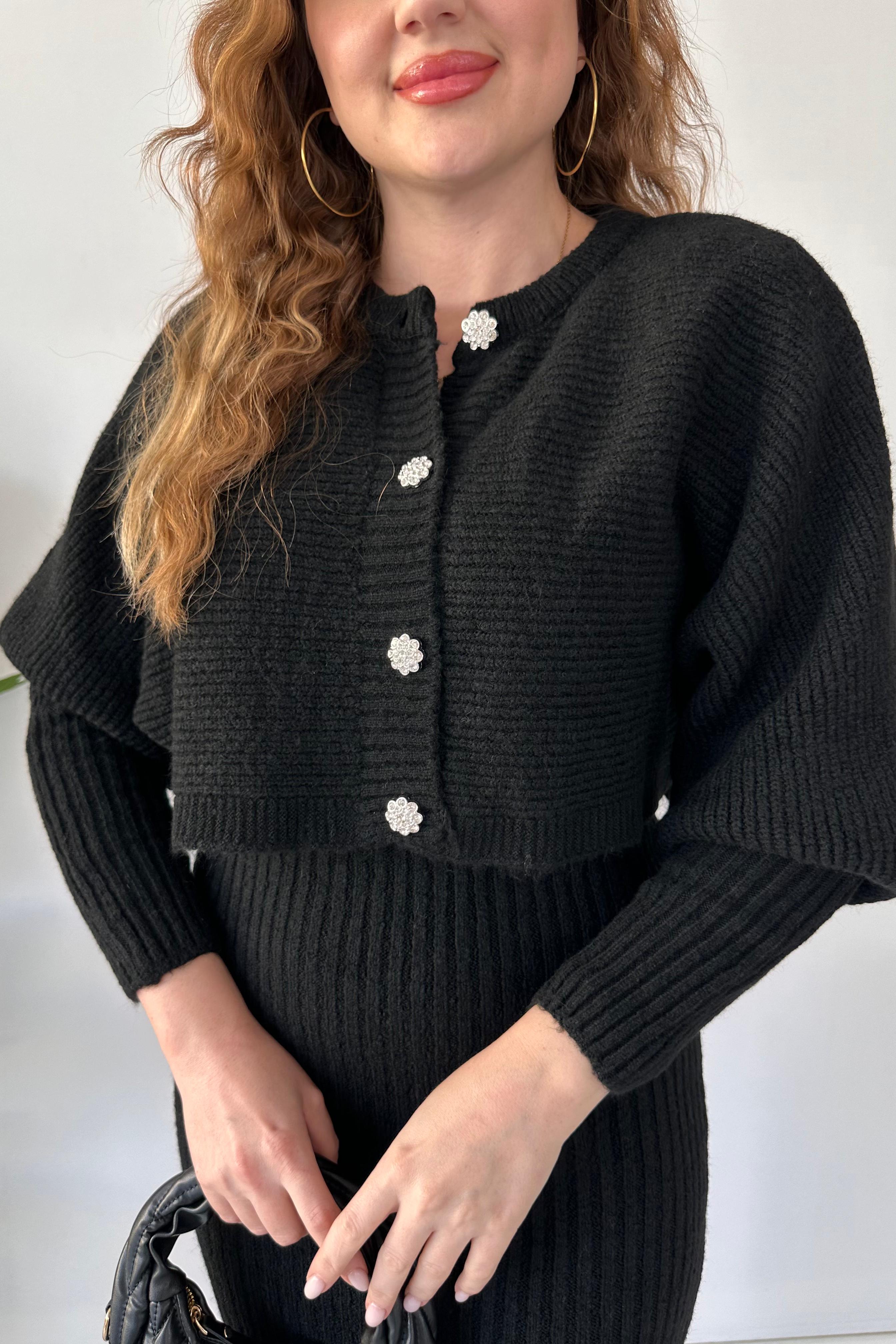 Taş Düğmeli Hırka Elbise Takım