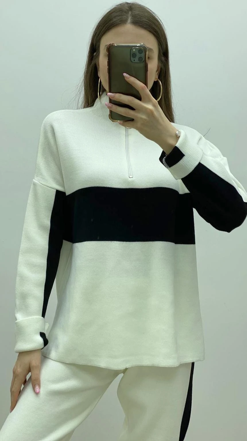 Fermuarlı Triko Takım Beyaz