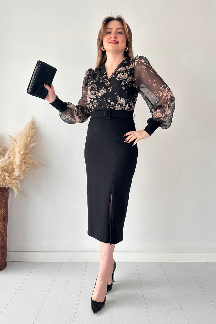 Üstü Bahar Şifon Kalem Elbise