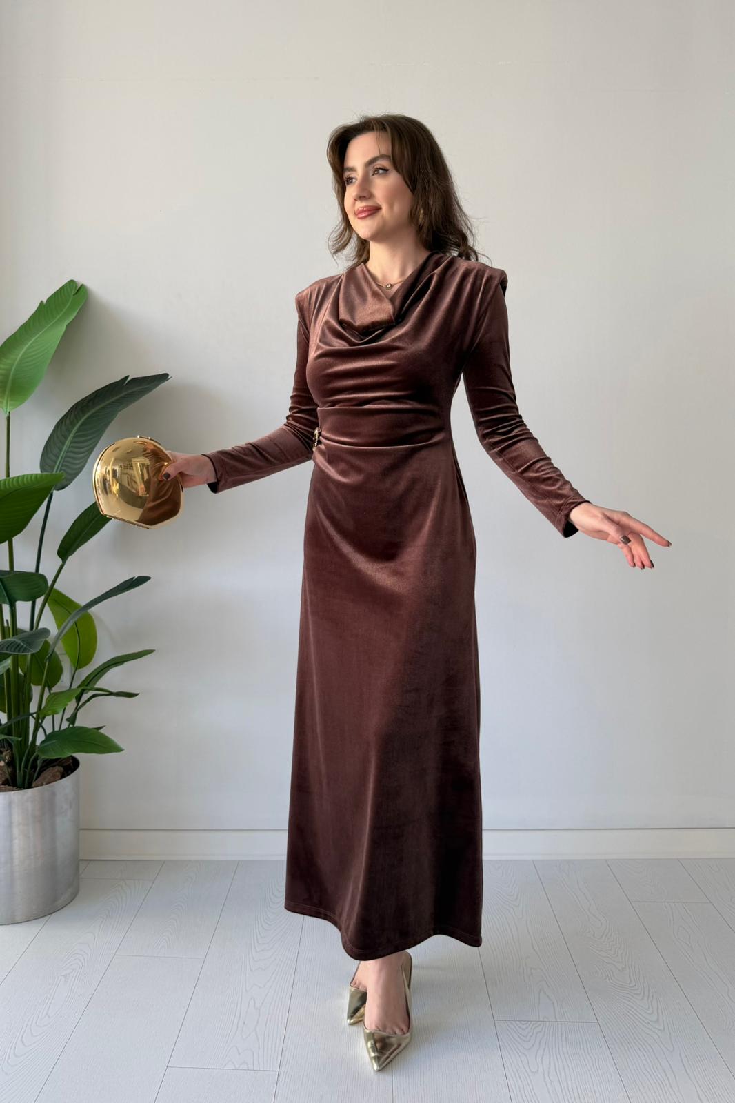 Degaje Kadife Elbise - Kahve