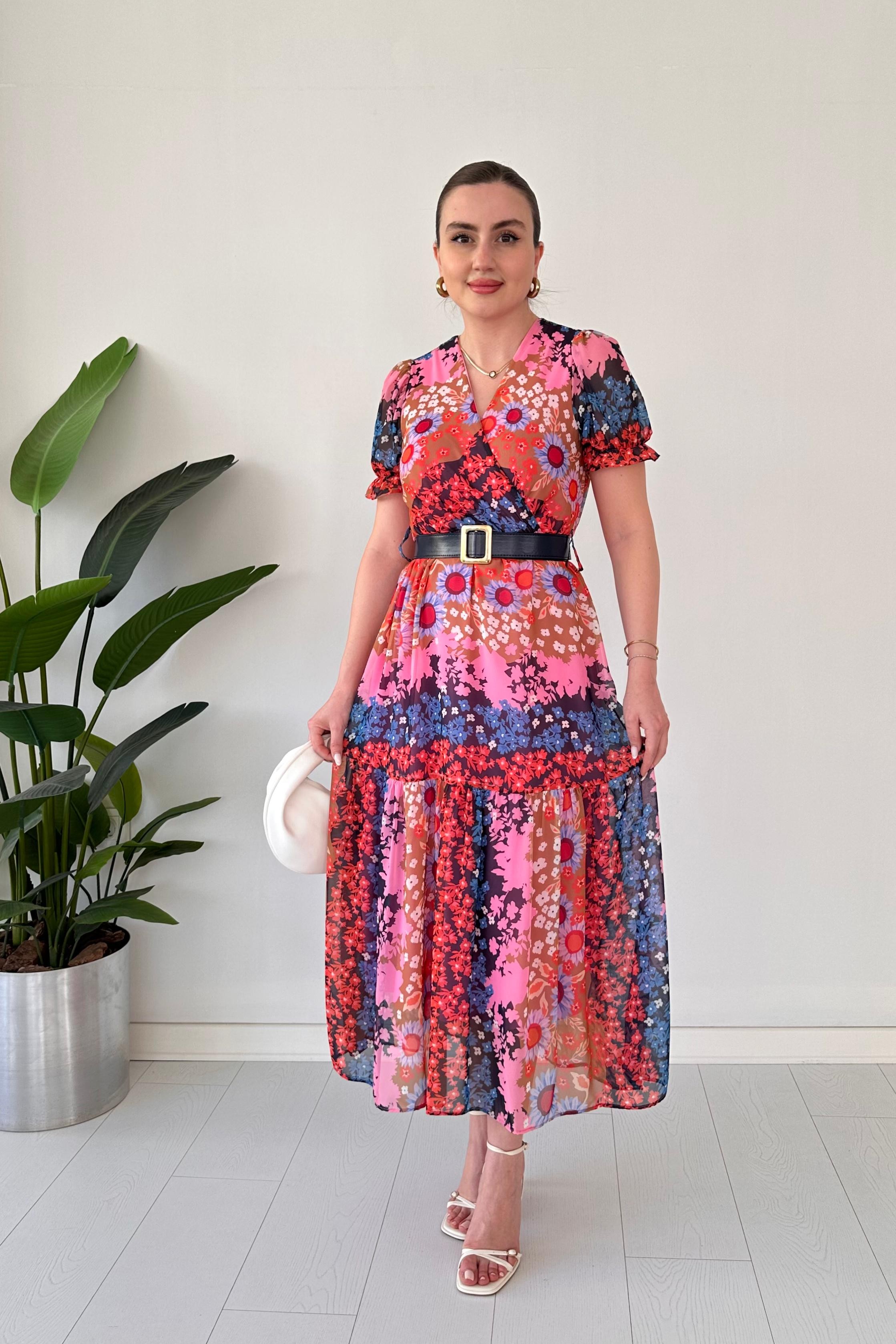 Kemerli Flower Şifon Elbise