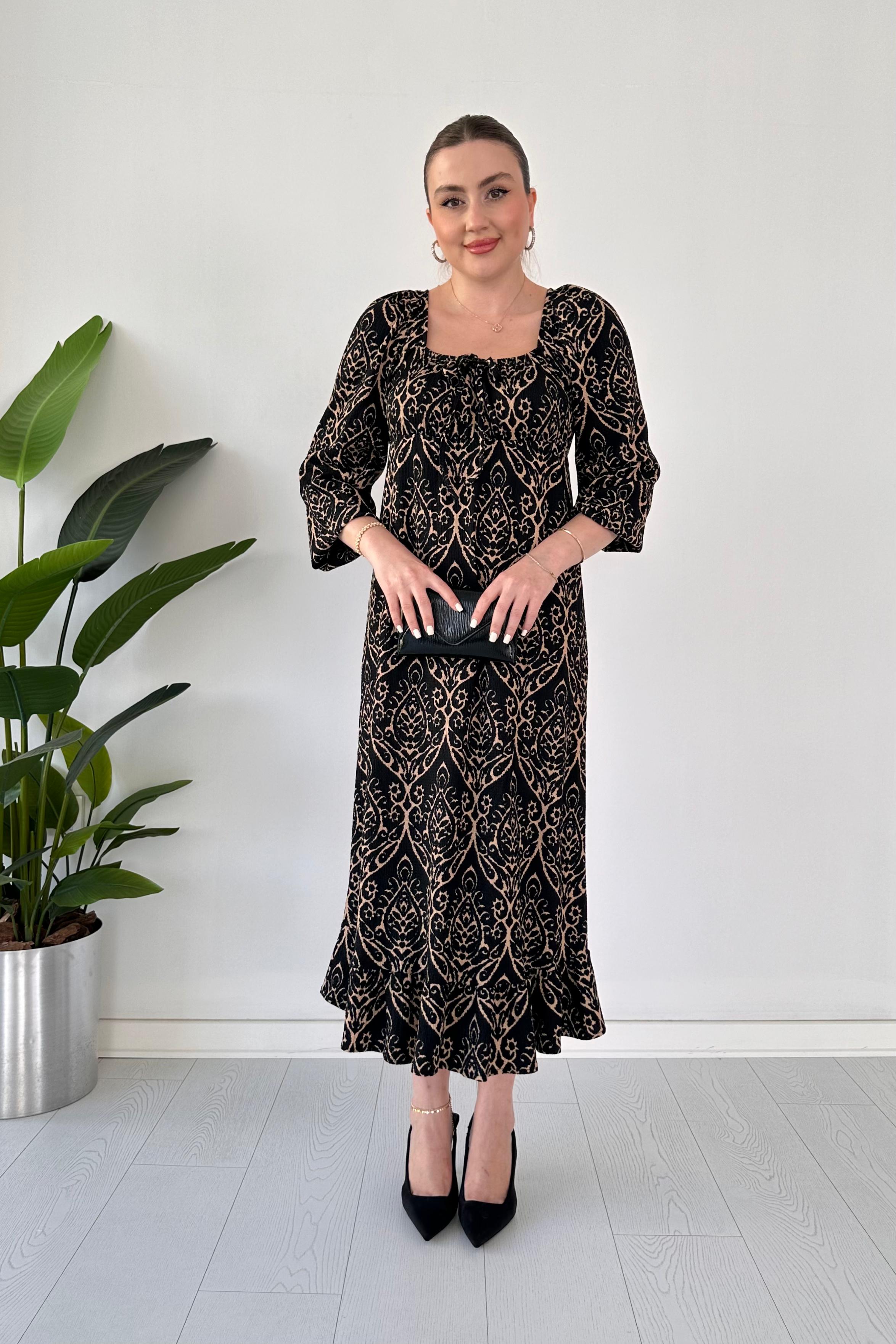 Etnik Desenli Gofre Elbise