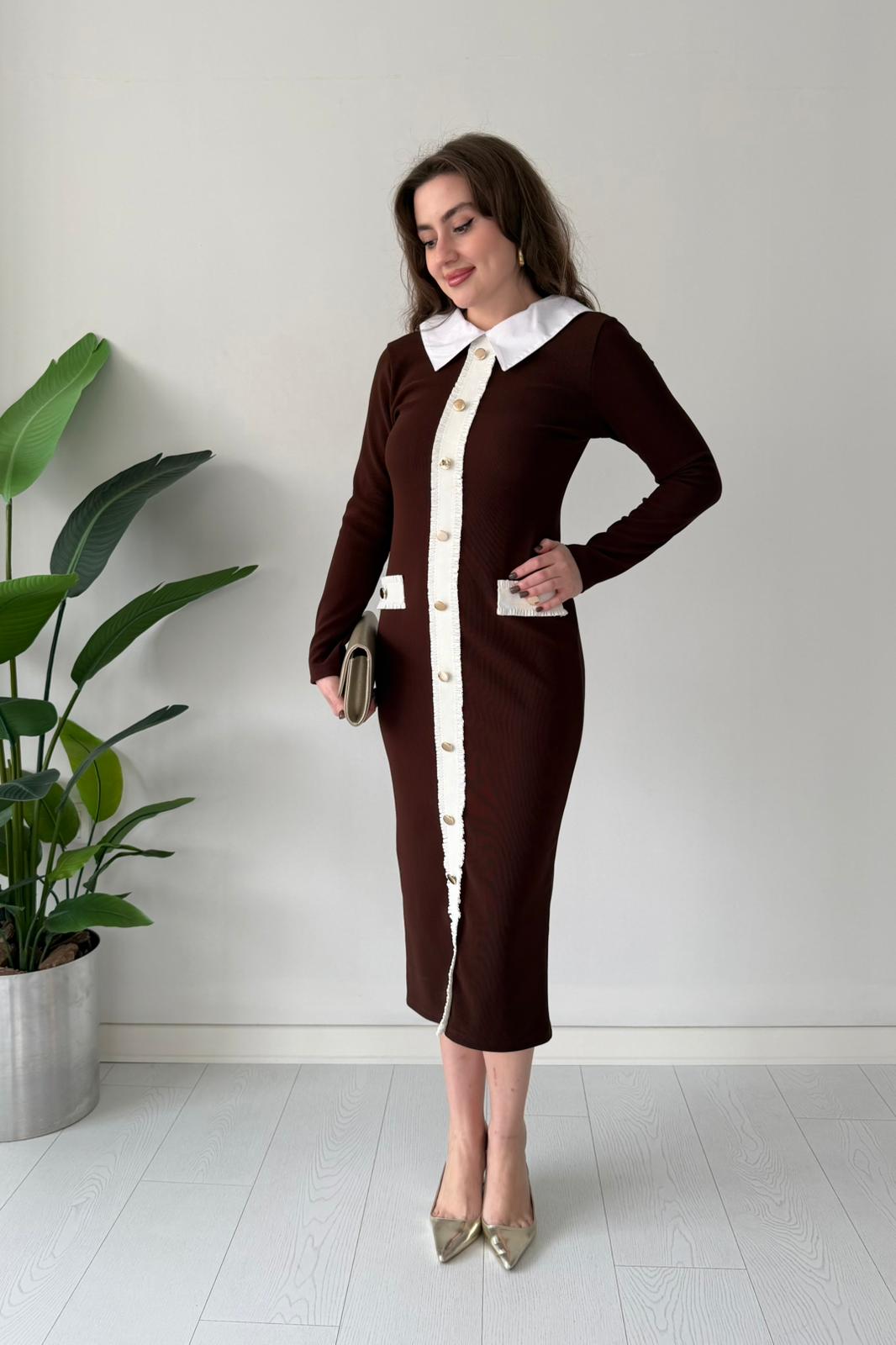 Yaka Detay Esnek Elbise - Kahve