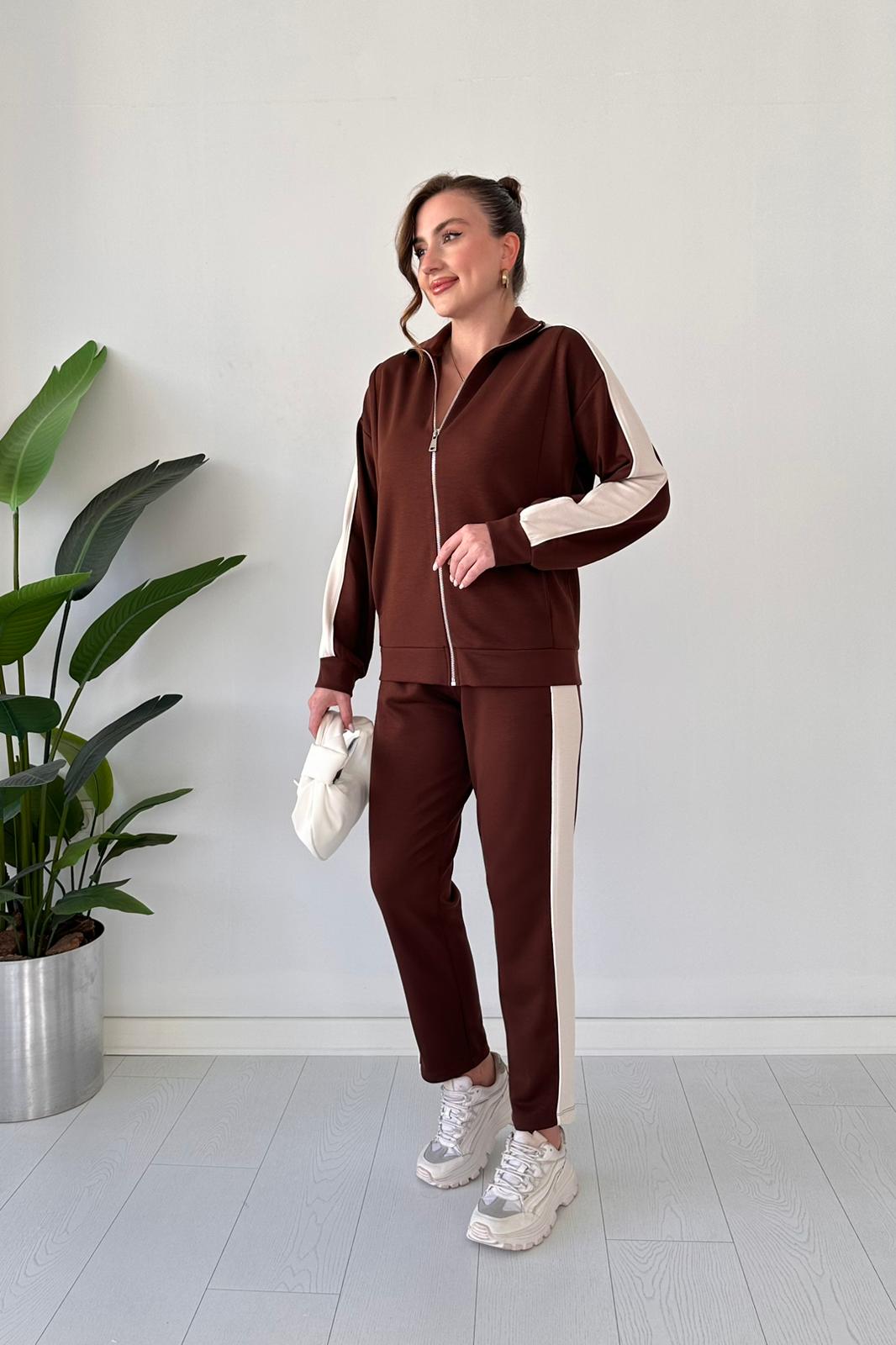 Kol Biyeli Fermuarlı Takım - Kahve