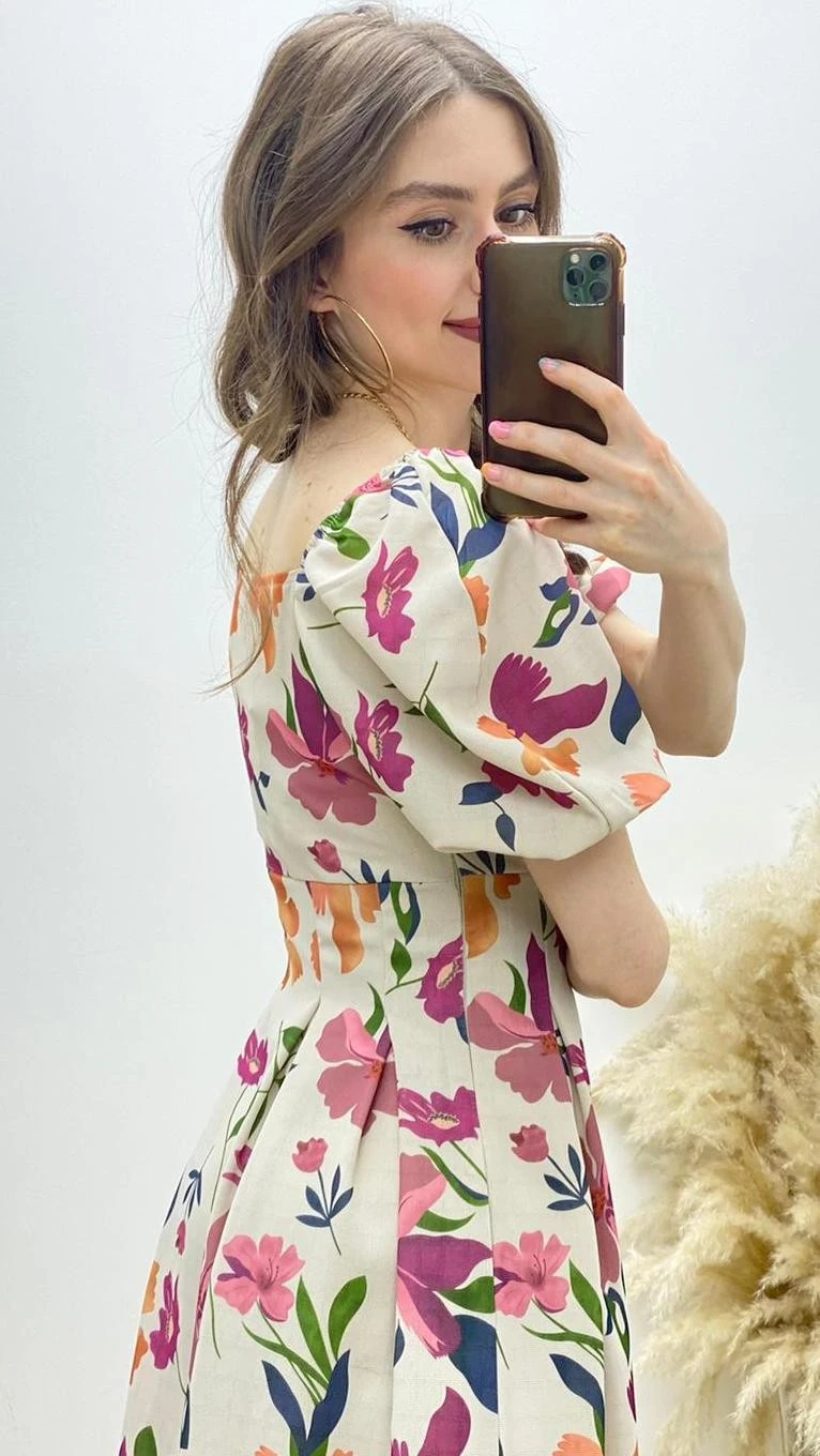 Amber Çiçekli Pileli Elbise Pembe