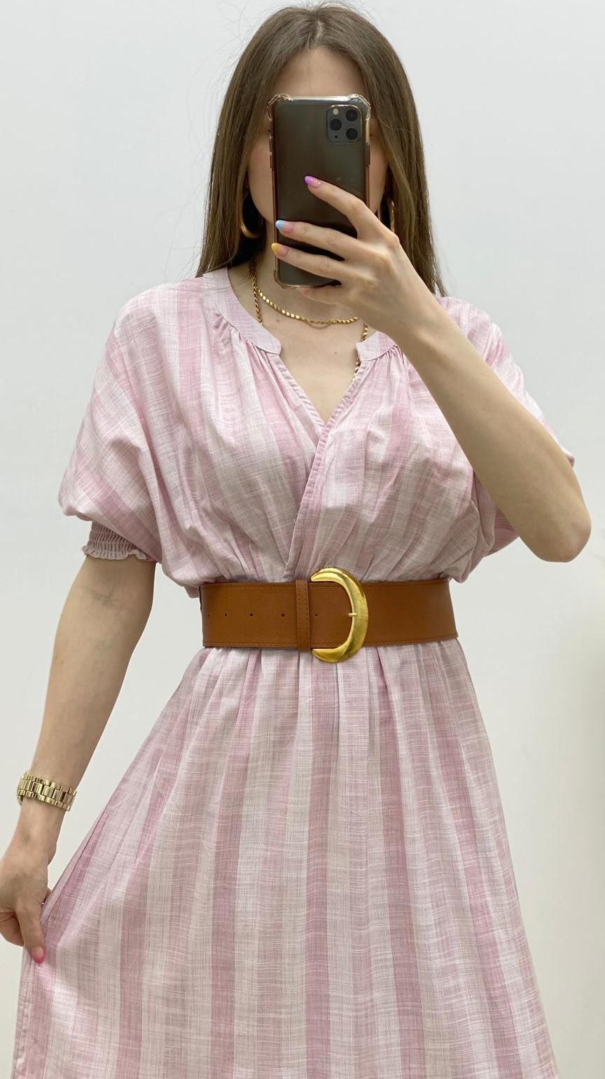 Kalın Kemerli Pembe Çizgili Elbise