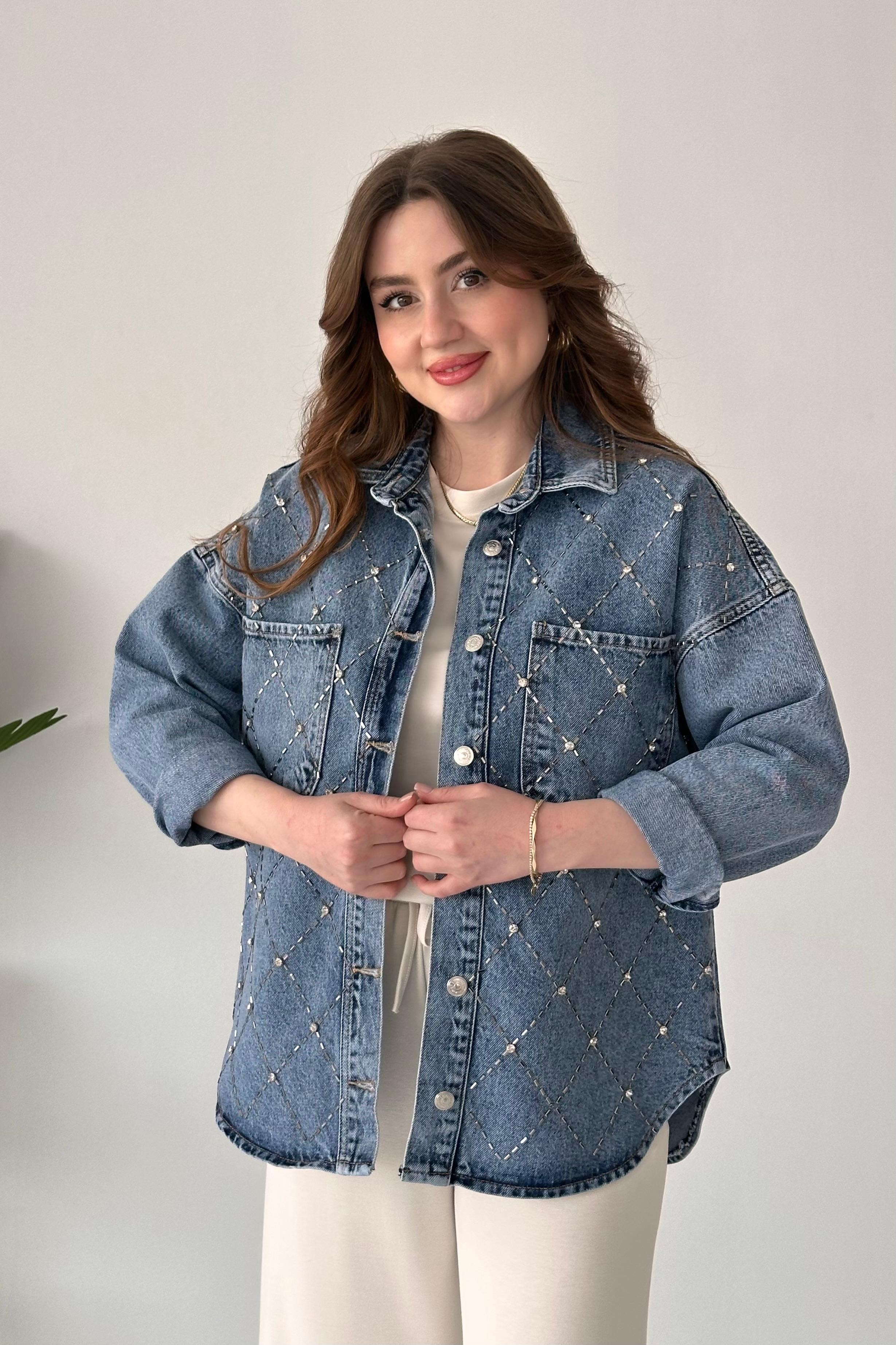 Çapraz Taşlı Denim Ceket