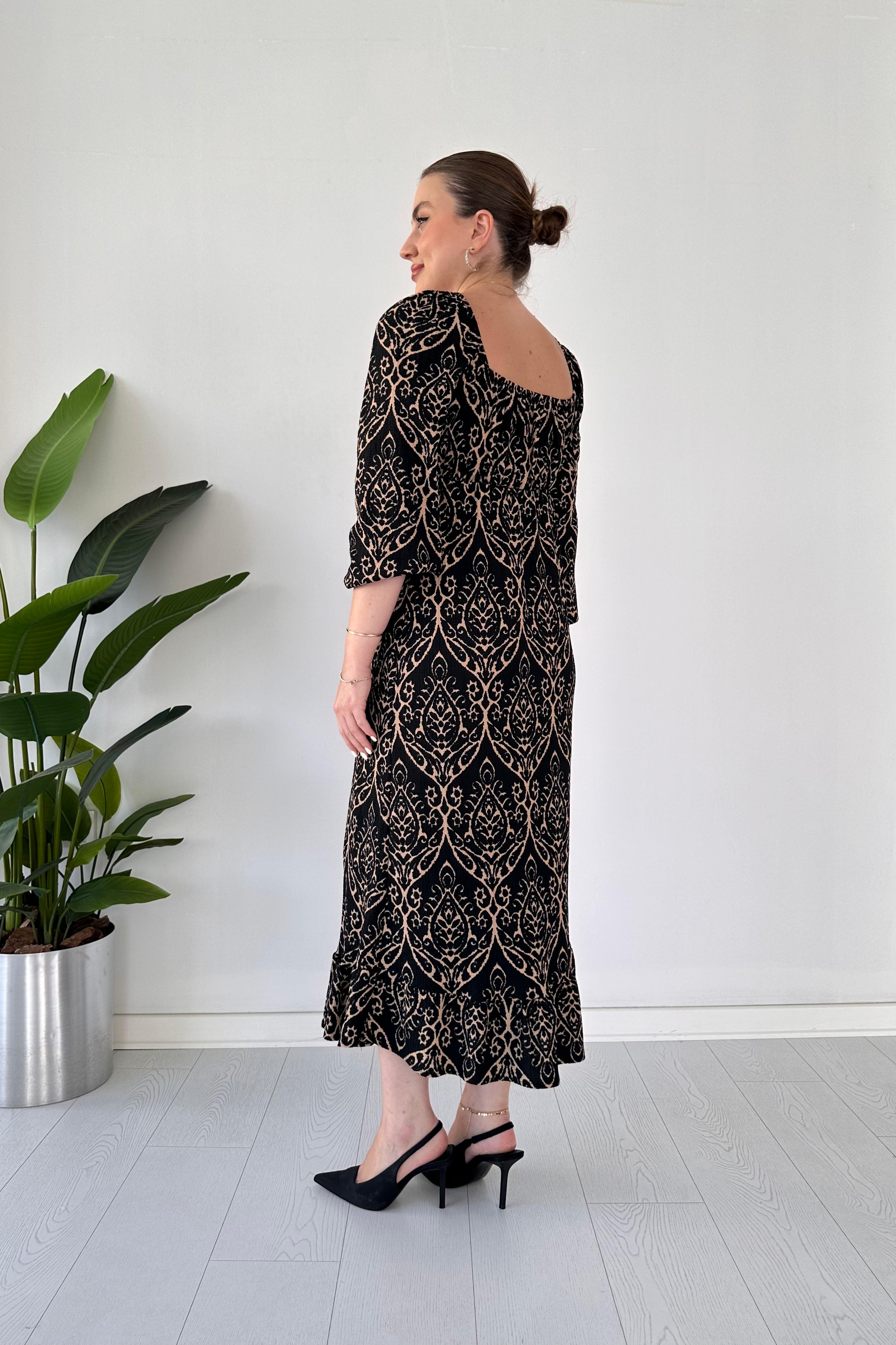 Etnik Desenli Gofre Elbise