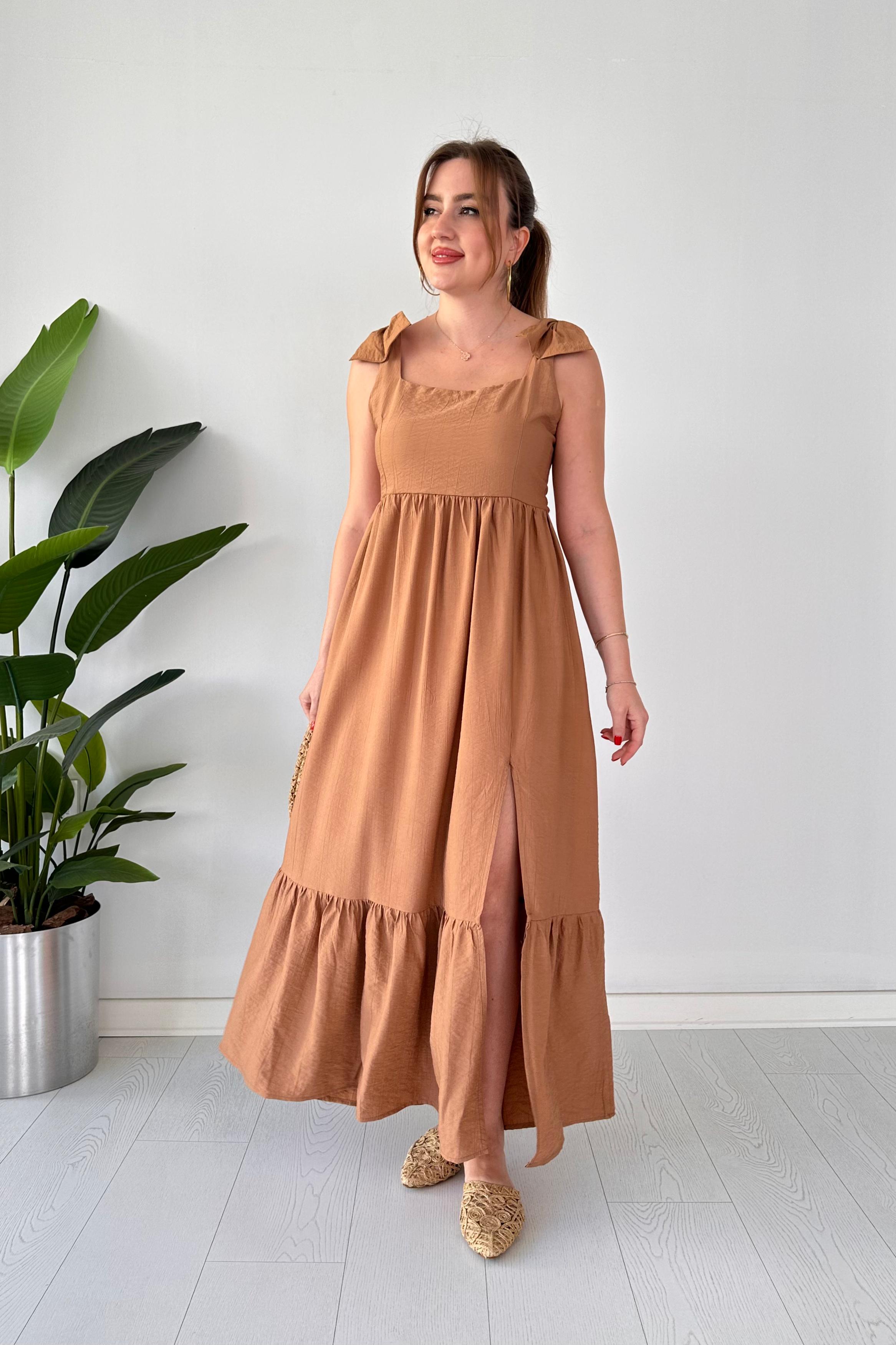 Omuz Fiyonk Keten Elbise